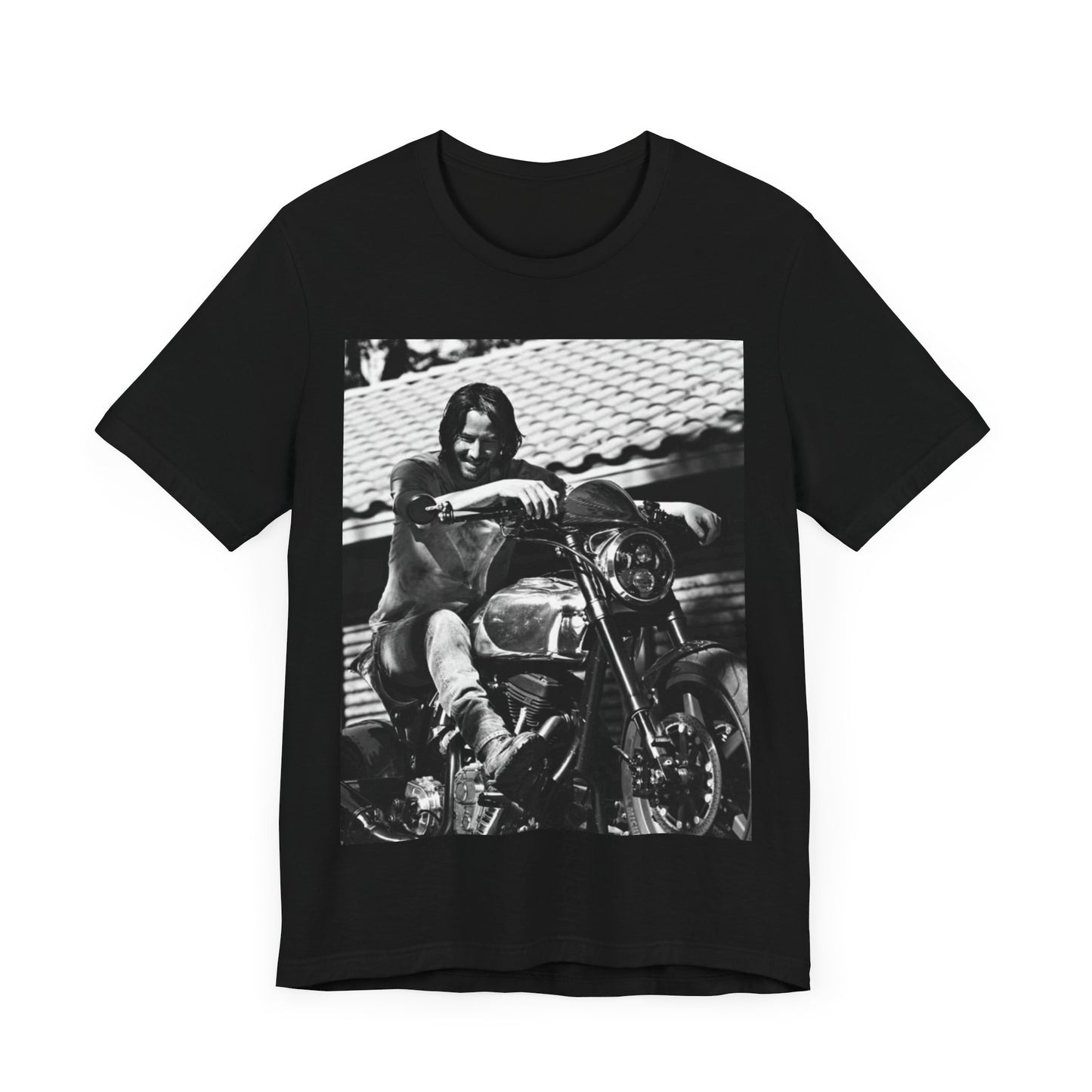 A black graphic t-shirt featuring a black and white photo of Keanu Reeves on a motorcycle.