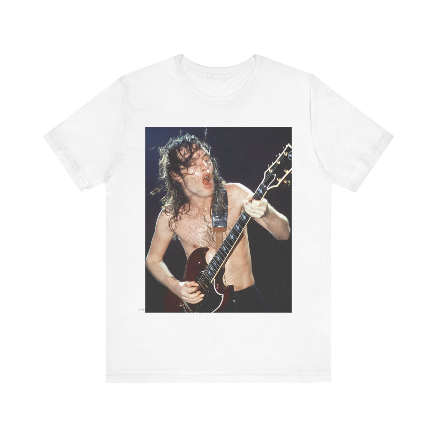 A graphic of AC/DC's lead guitarist, Angus Young, performing with high energy live on stage, printed on a t-shirt.
