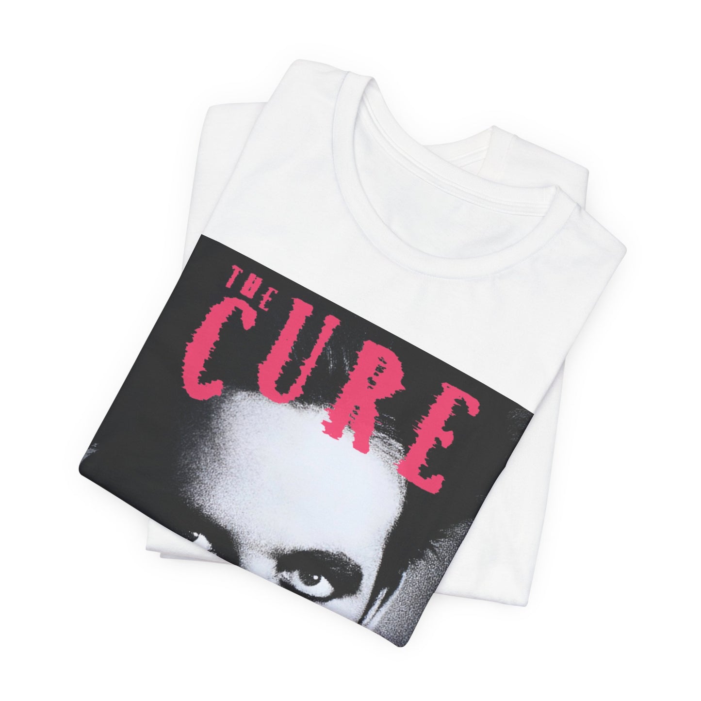 A black graphic t-shirt featuring an 80s post-punk aesthetic graphic of The Cure.