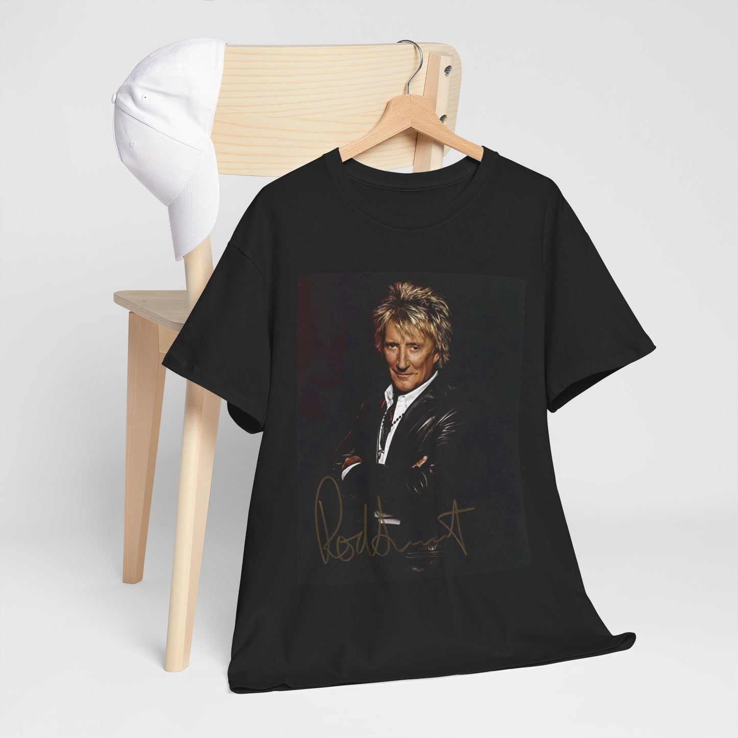 A black graphic t-shirt featuring a signature graphic of Rod Stewart.