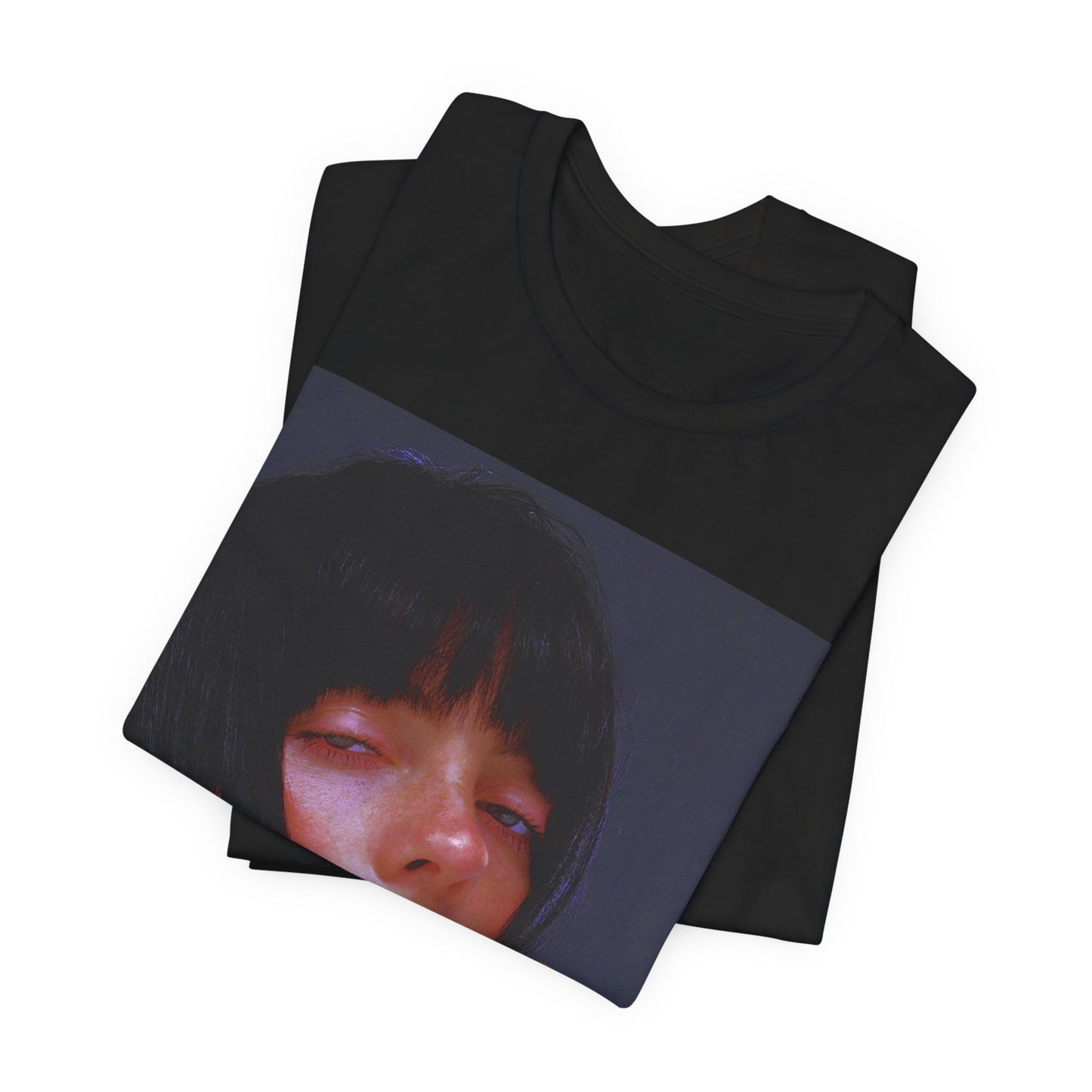 An intense, artistic photo of Billie Eilish with a bloody nose, conveying a sense of raw power, printed on a graphic t-shirt.