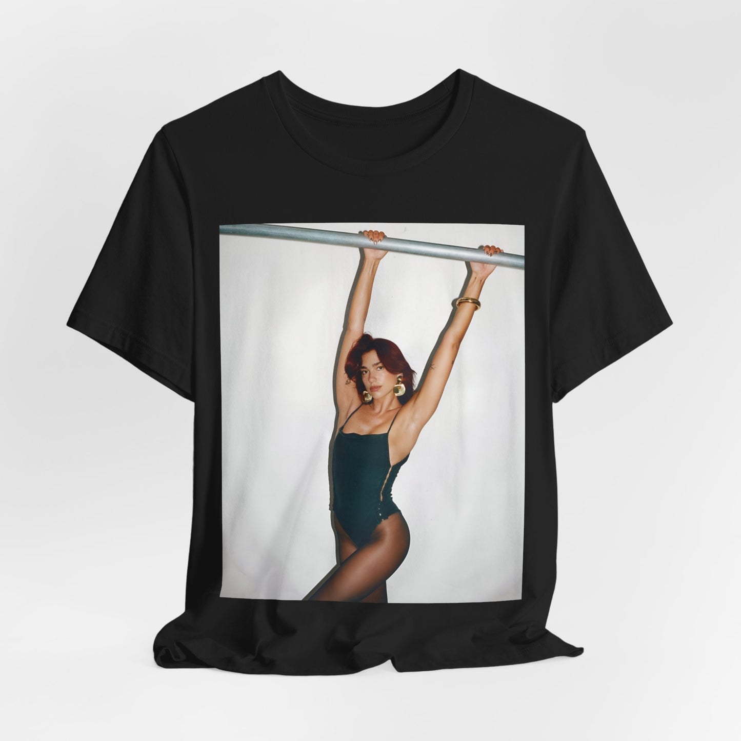 A black graphic t-shirt featuring a graphic related to Dua Lipa's "Levitating" song or era.