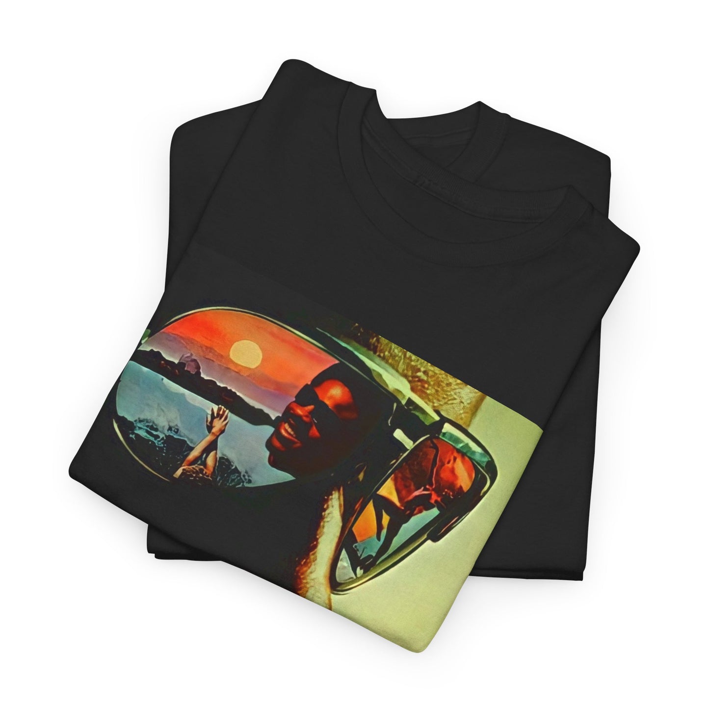 A black graphic t-shirt featuring a 70s aesthetic graphic of Stevie Wonder.