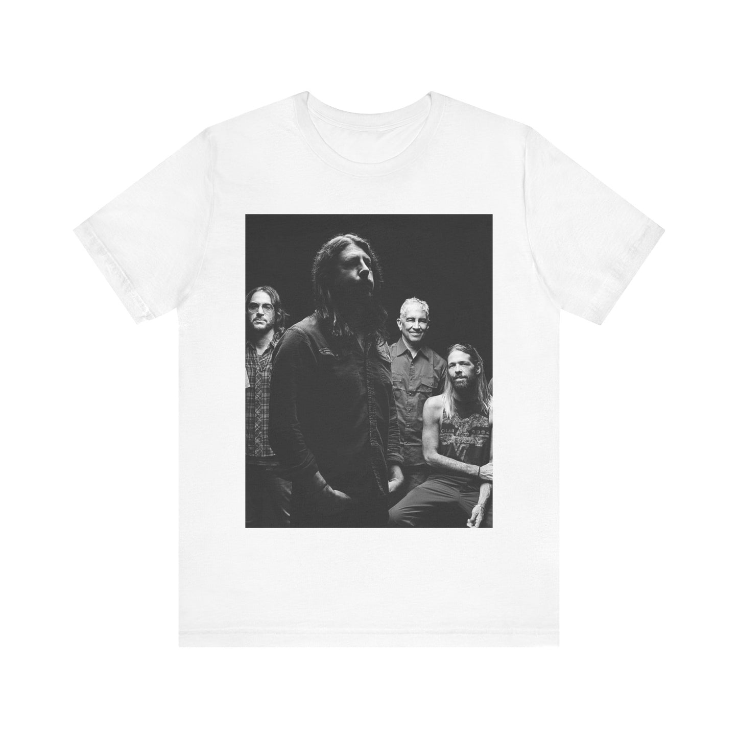 A black graphic t-shirt featuring a black and white, monochrome graphic or photo of Foo Fighters.