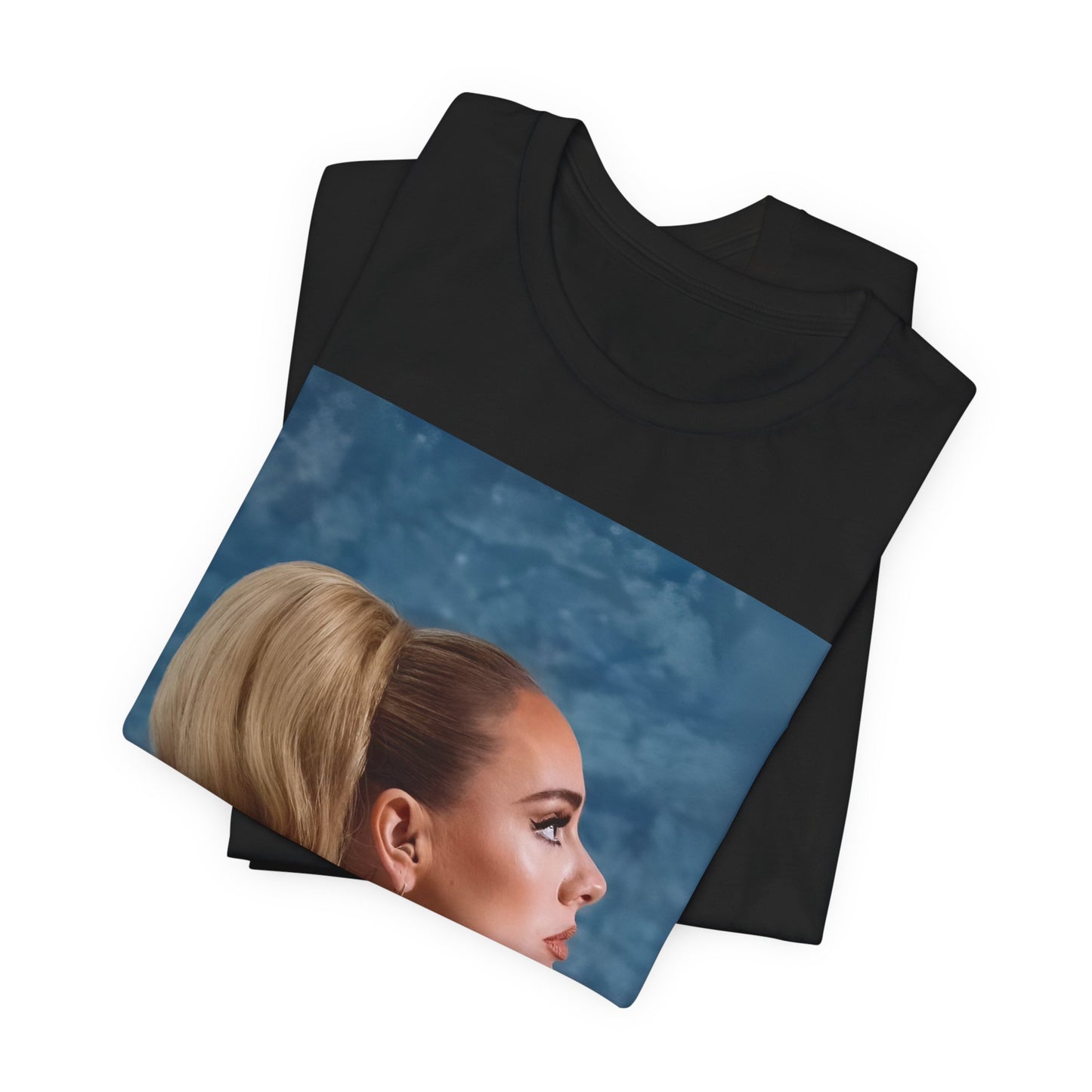 A black graphic t-shirt featuring a black and white photo of Adele in a vintage glamorous look, with classic hair and makeup.
