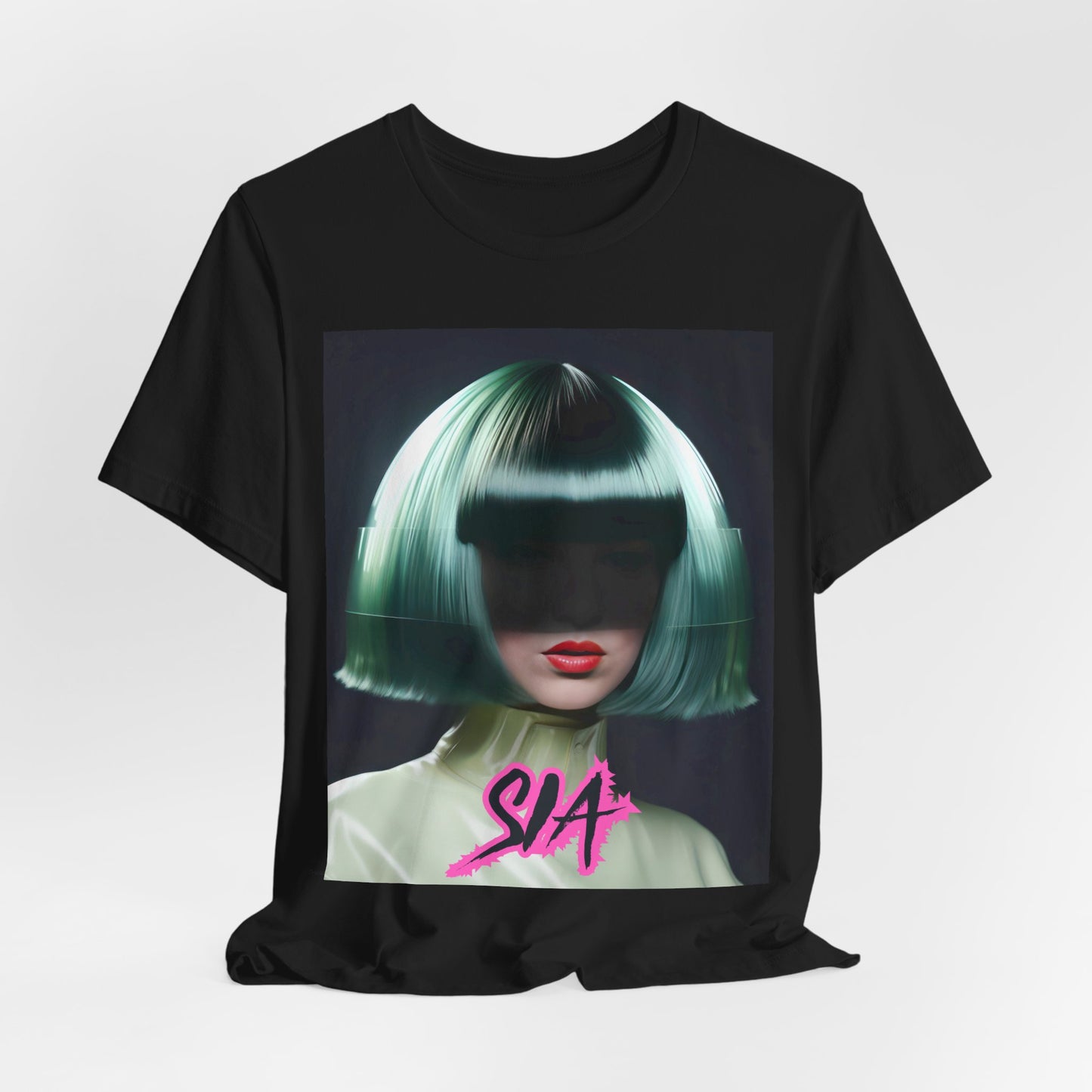 A black graphic t-shirt featuring a bold graphic of Sia as a pop superstar.