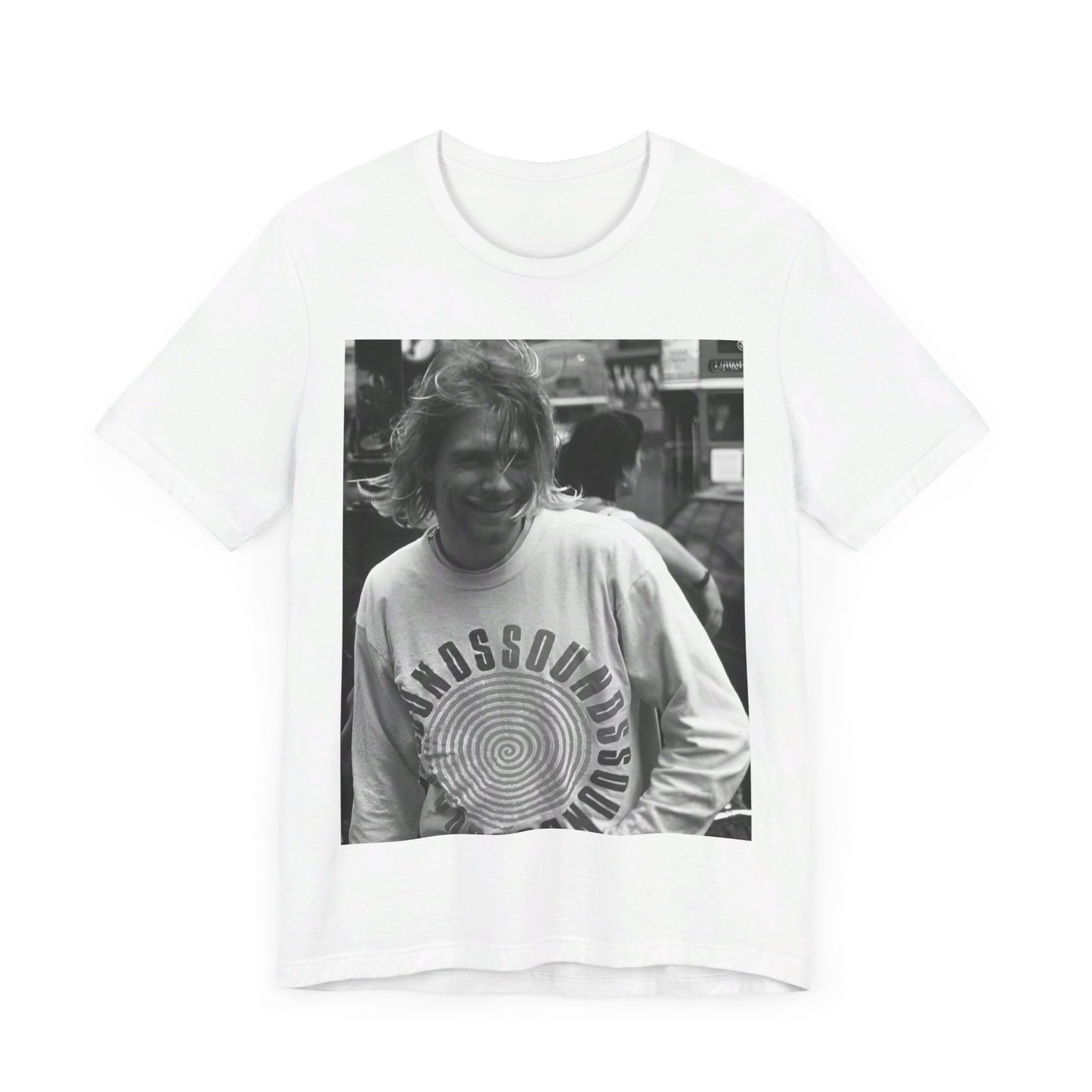 A black graphic t-shirt featuring a vintage rock legends graphic of Nirvana.