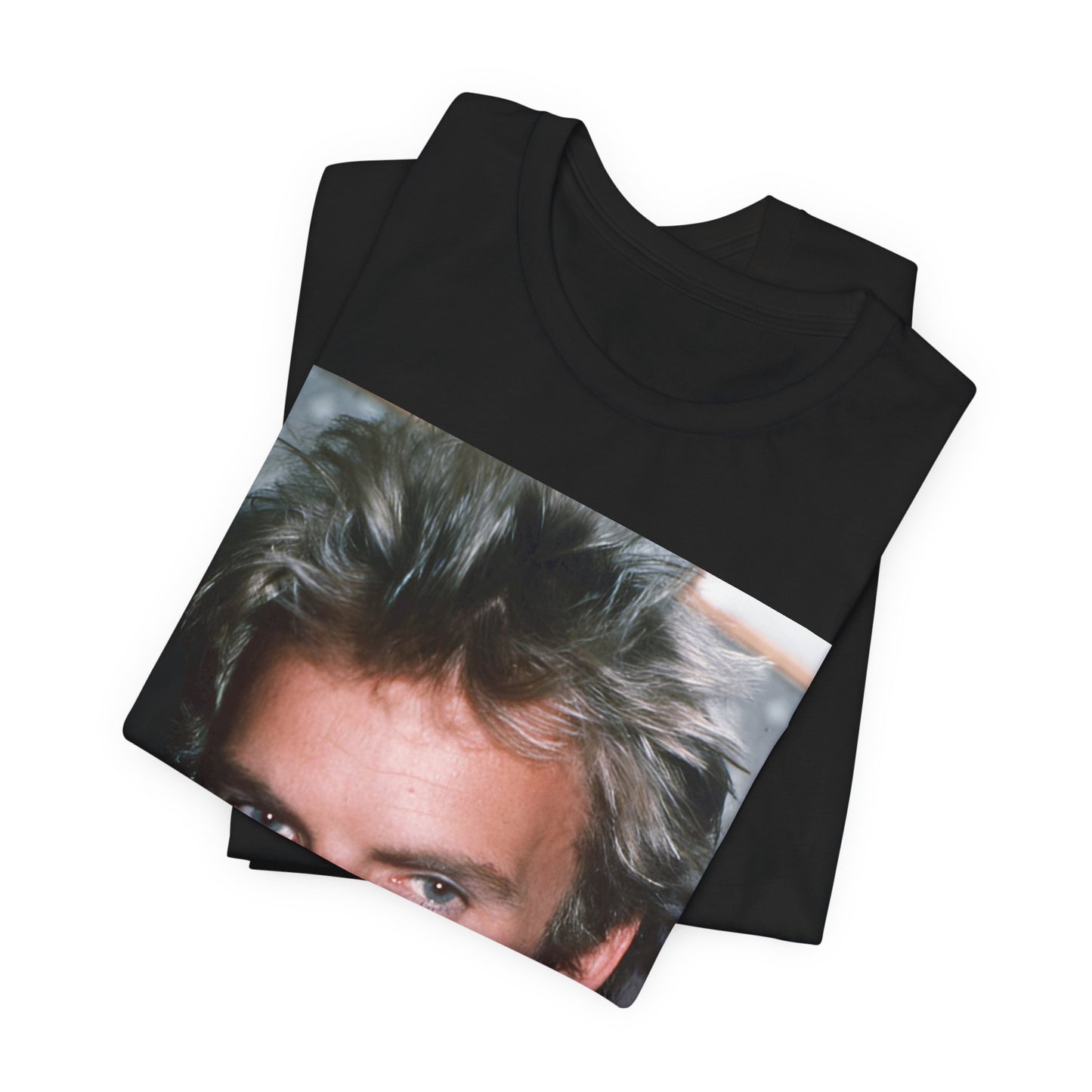 A black graphic t-shirt featuring an 80s new wave aesthetic graphic of Sting.
