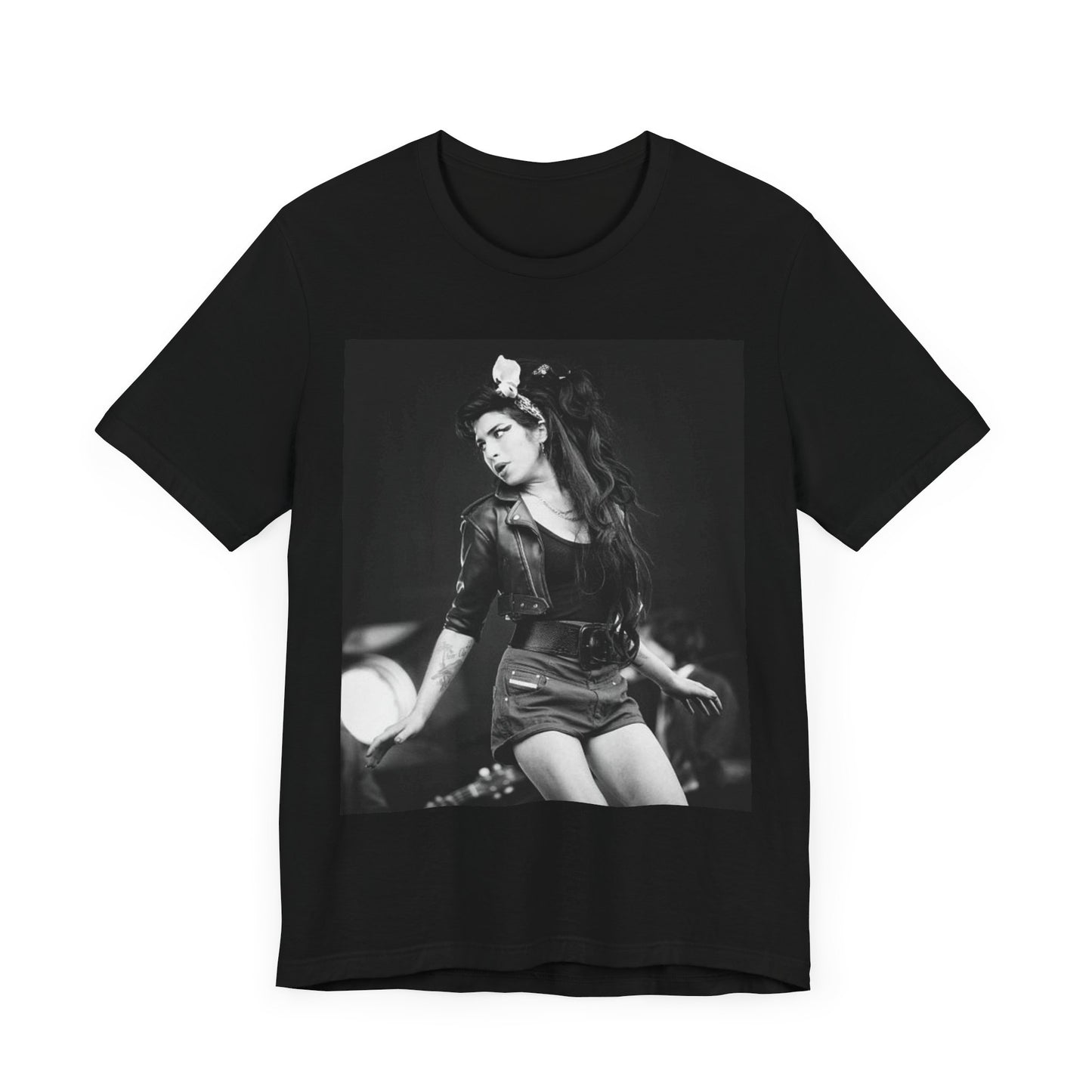 A black graphic t-shirt featuring a graphic related to Amy Winehouse's 'Frank' album era from 2003, possibly with early portrait imagery.