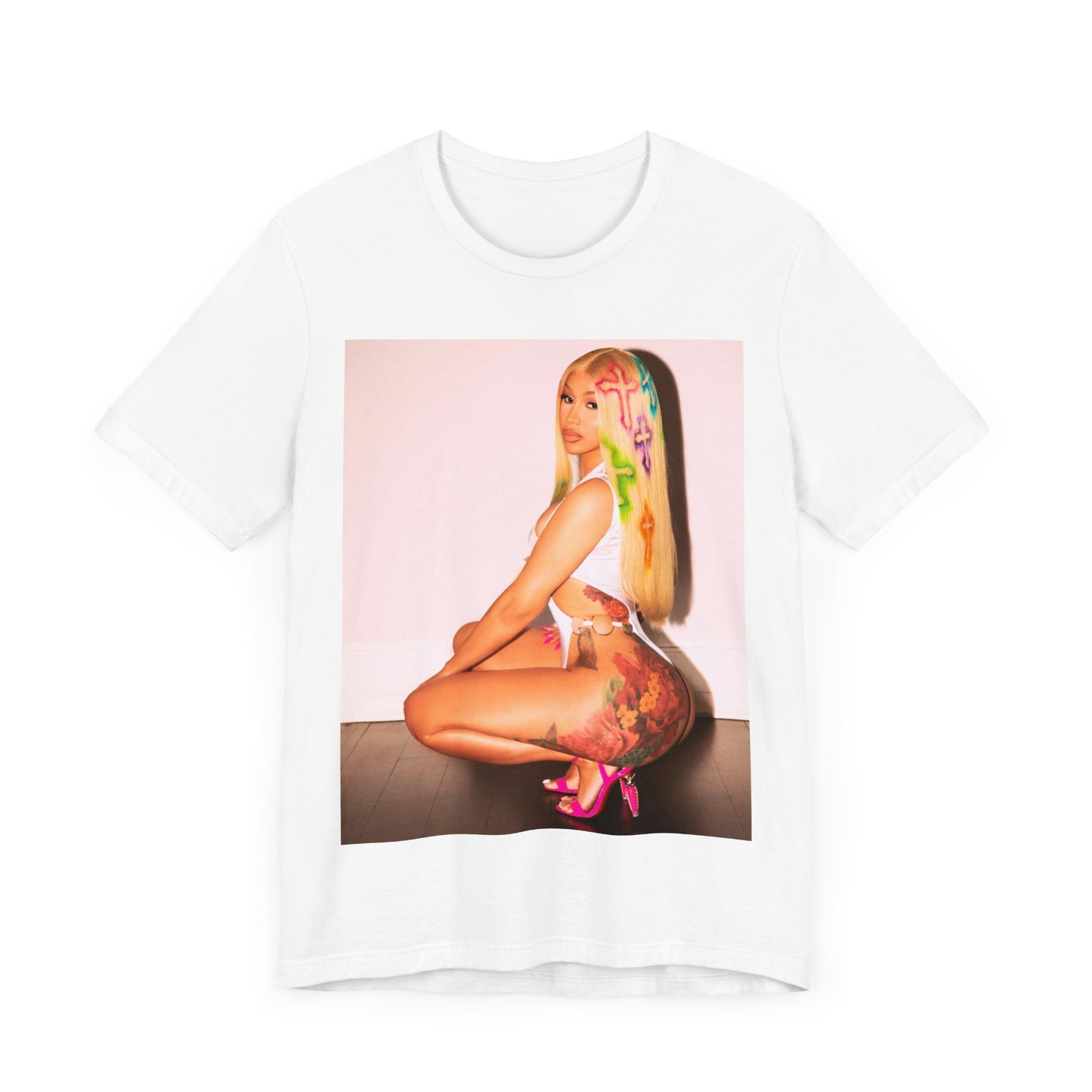 A black graphic t-shirt featuring a graphic of Cardi B in a bold, fashion-forward pose, emphasizing her 'fashion killa' style.