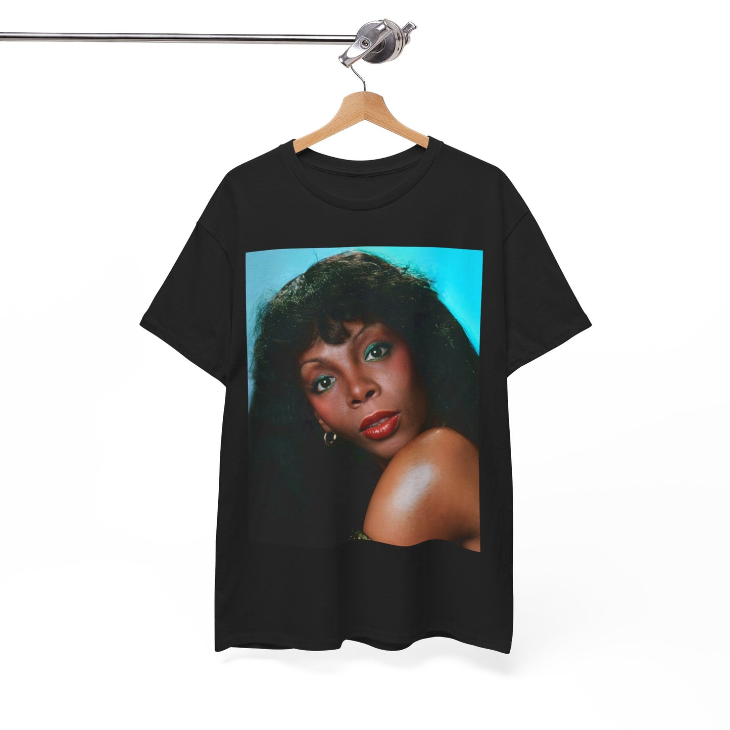A black graphic t-shirt featuring a graphic related to Donna Summer's 'Last Dance' song or era.