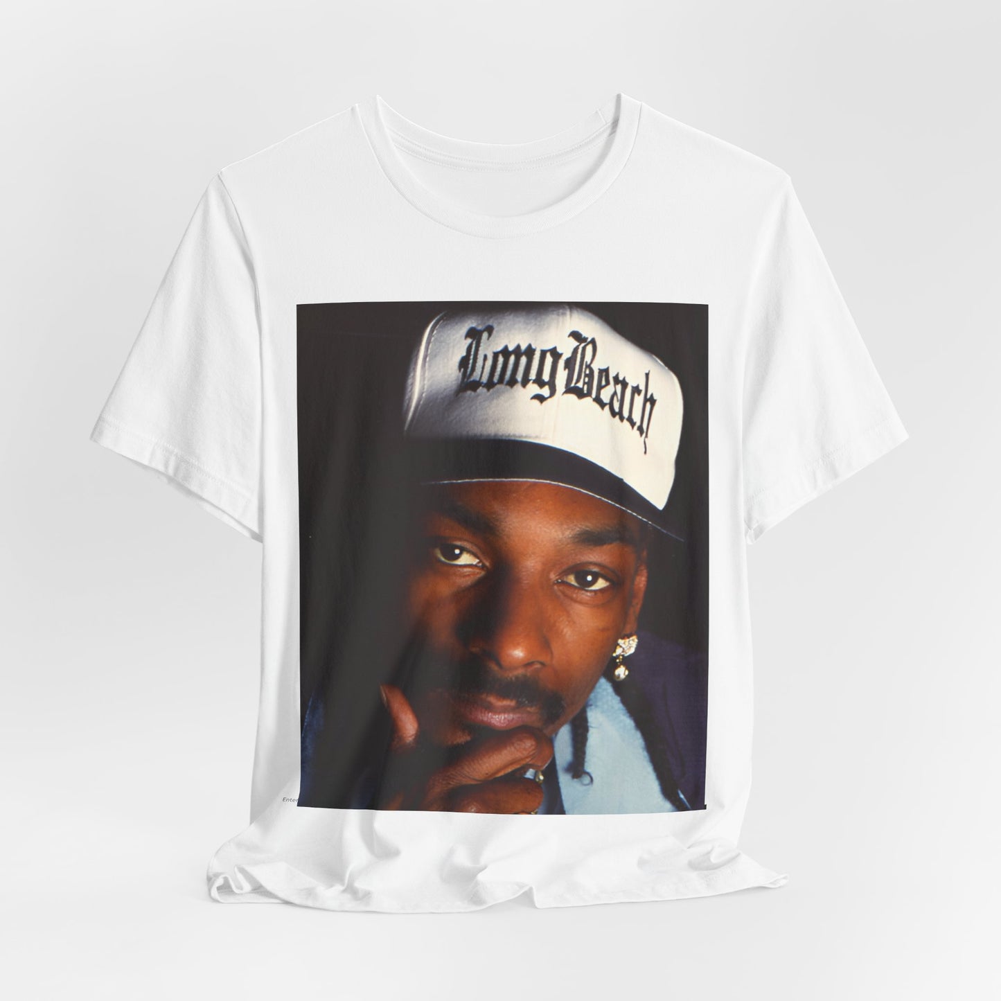 A black graphic t-shirt featuring a graphic of Snoop Dogg with Long Beach vibes.
