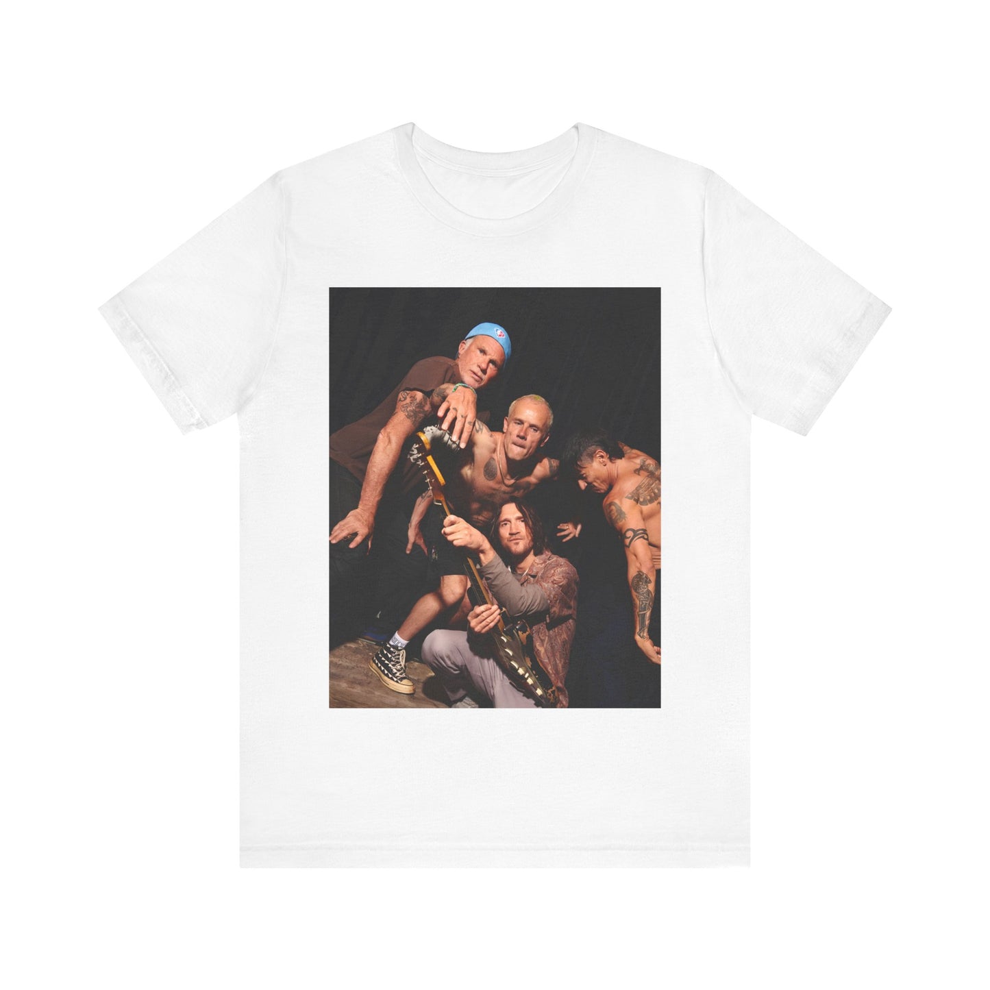 A black graphic t-shirt featuring a psychedelic vibes graphic related to Red Hot Chili Peppers.