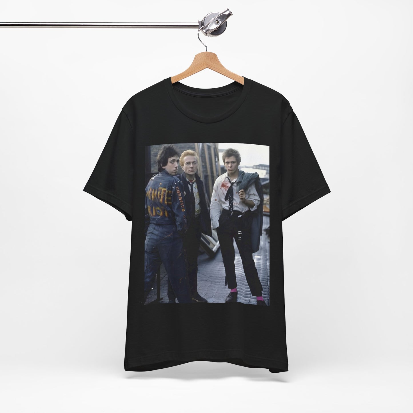 A black graphic t-shirt featuring a graphic of The Clash with a fearless attitude.