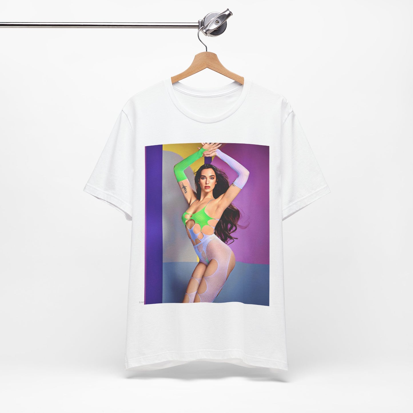 A black graphic t-shirt featuring a casual graphic related to Dua Lipa's "Future Nostalgia" era.