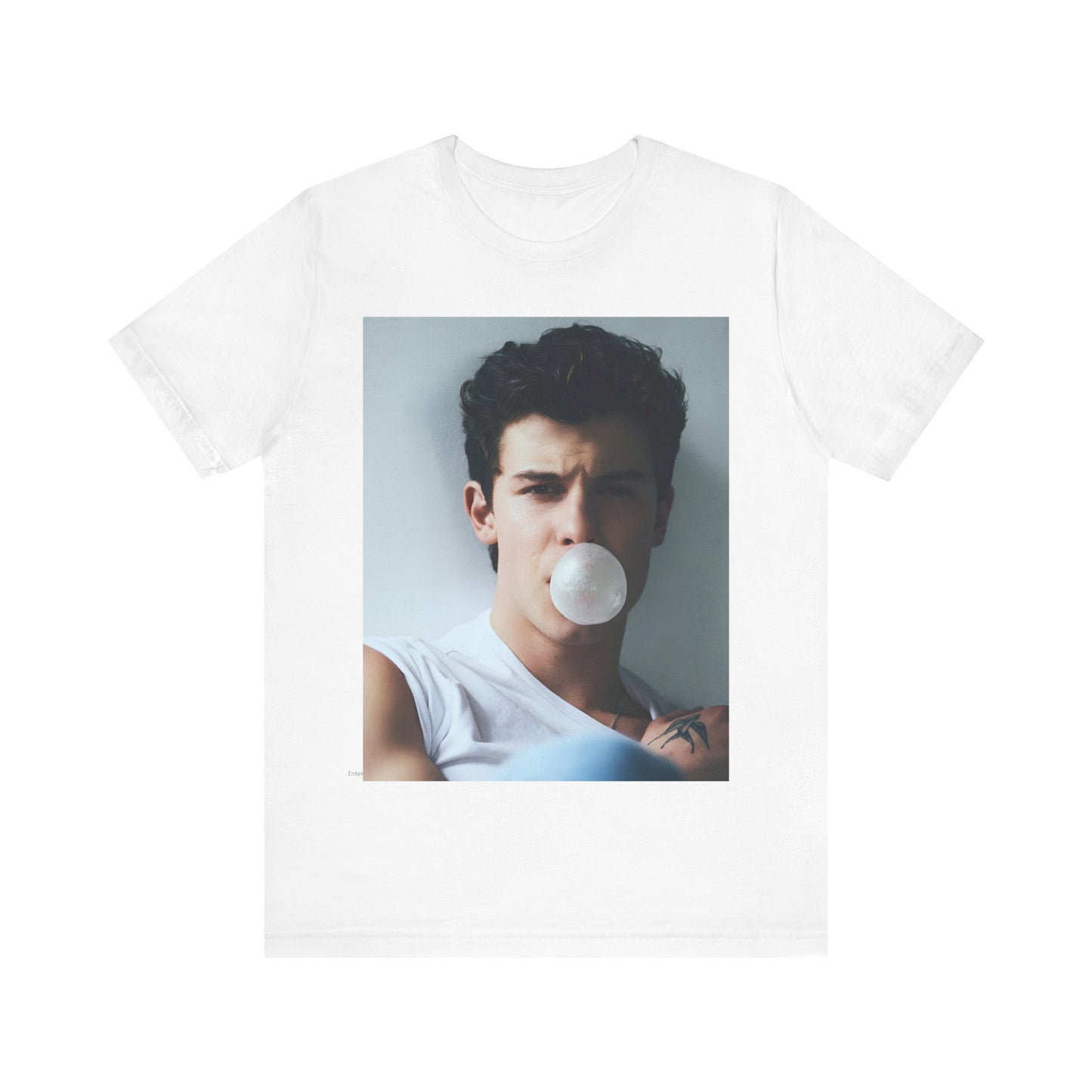A black graphic t-shirt featuring a photo of Shawn Mendes with a fierce, confident gaze.