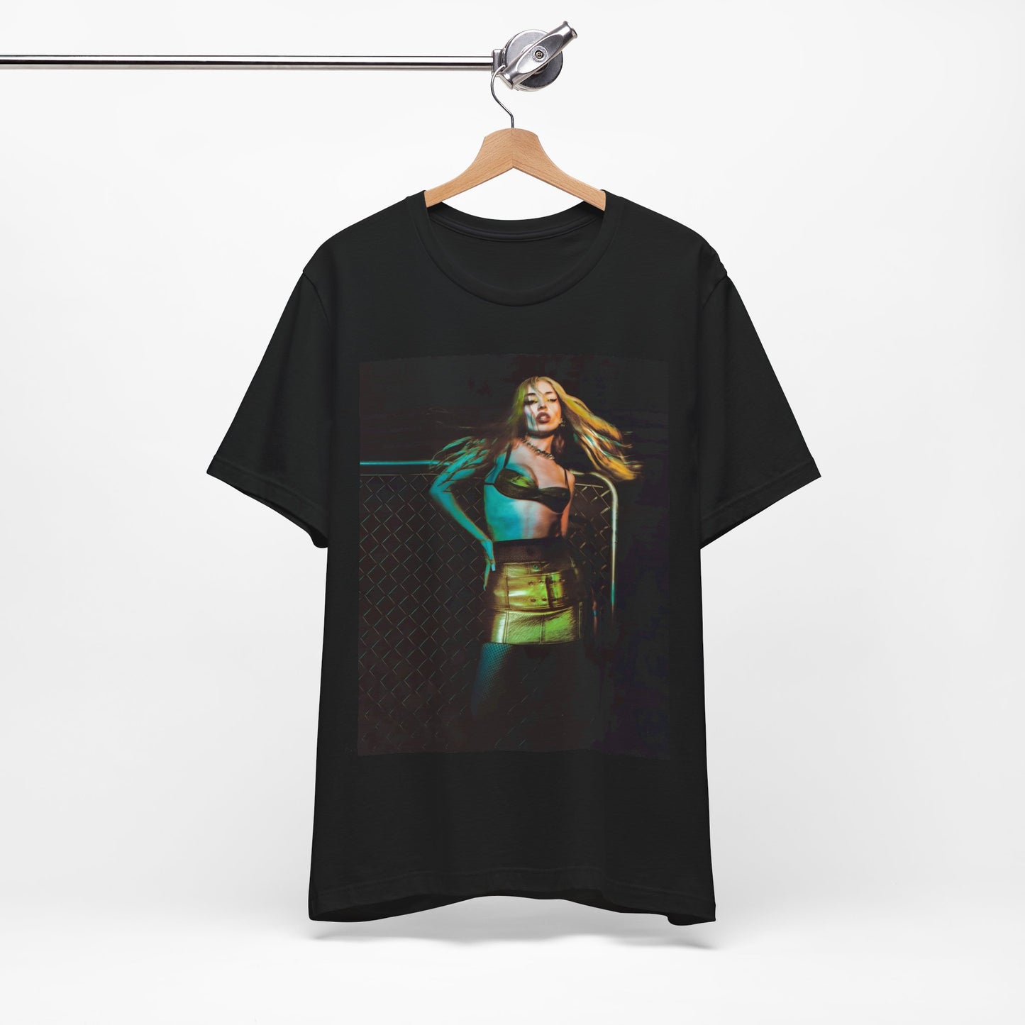 A black graphic t-shirt featuring a neon pop art style graphic of Ava Max, with bright, glowing colors and possibly a 'Pop Queen' title.