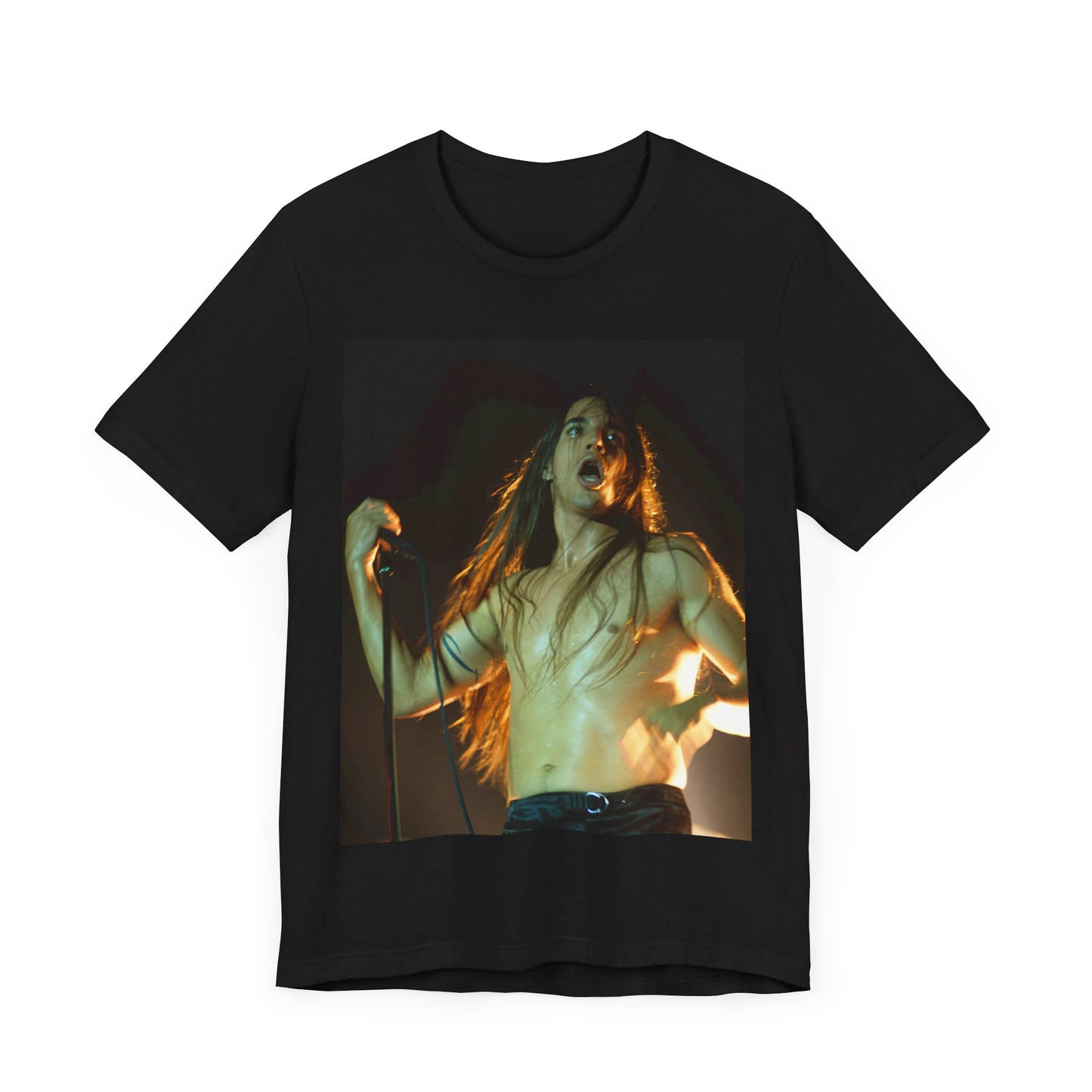 A black graphic t-shirt featuring a graphic or photo of Red Hot Chili Peppers performing live on stage.