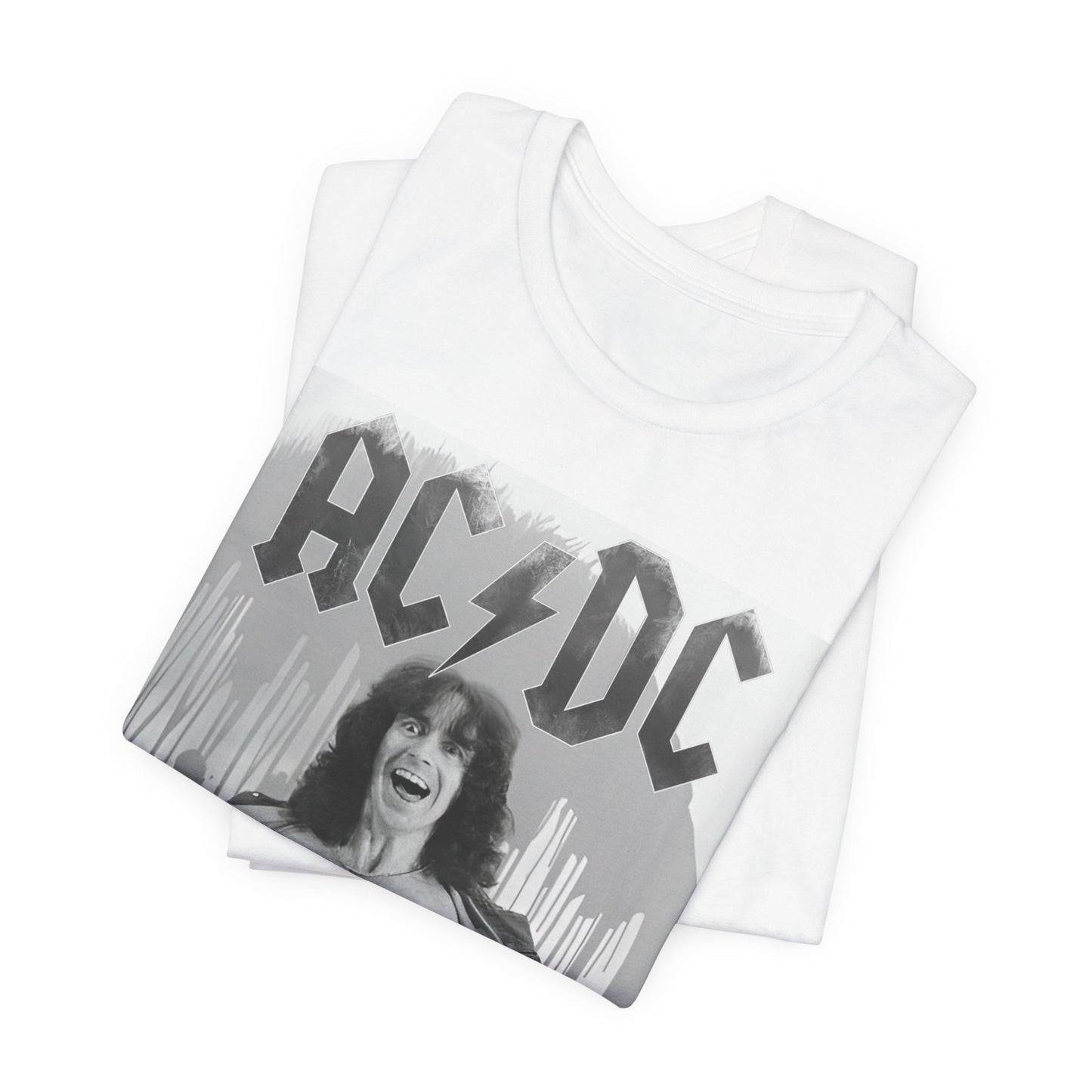 A vintage-style graphic of AC/DC's original frontman, Bon Scott, printed on a t-shirt.