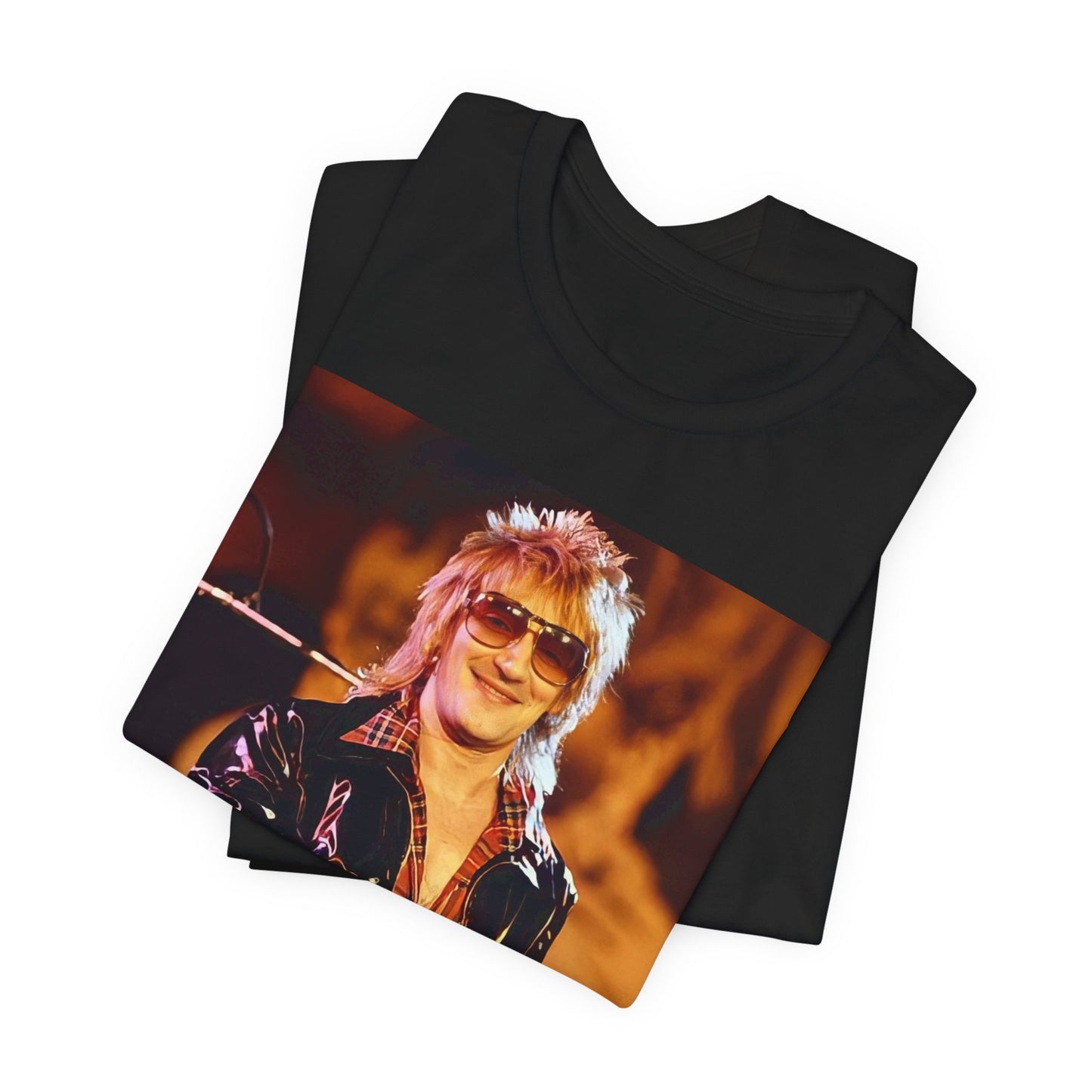A black graphic t-shirt featuring a graphic related to Rod Stewart's 'Gasoline Alley' album era.