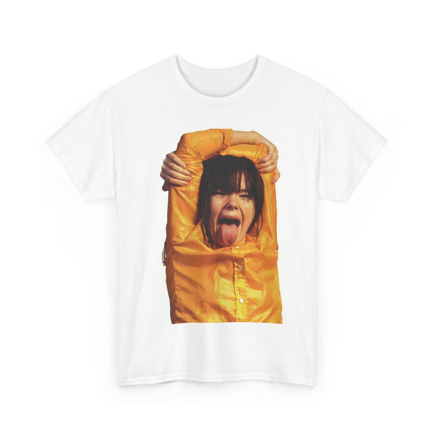 A black graphic t-shirt featuring a photo of Bjork with her tongue playfully sticking out.