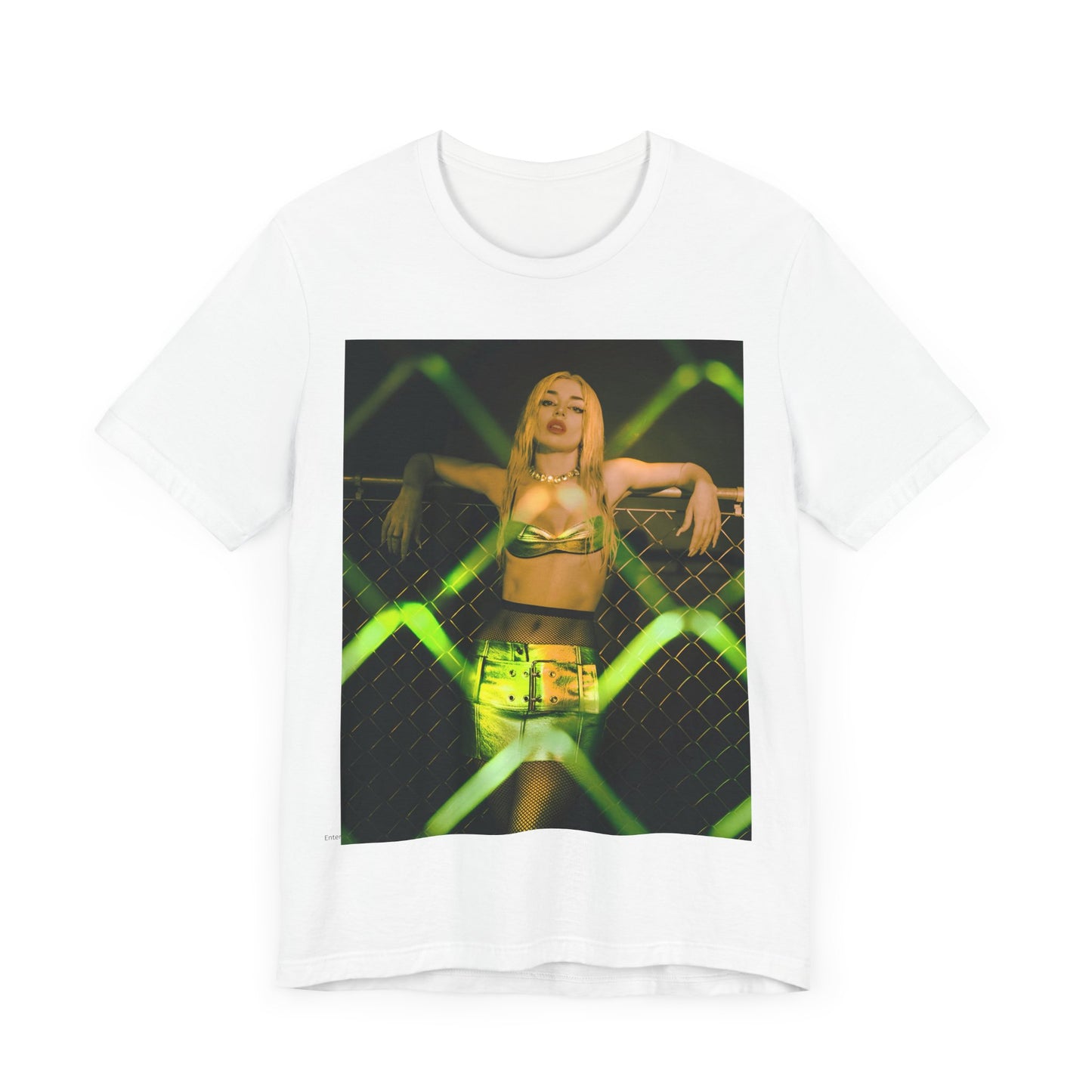 A black graphic t-shirt featuring a graphic of Ava Max with prominent neon green aesthetic elements.