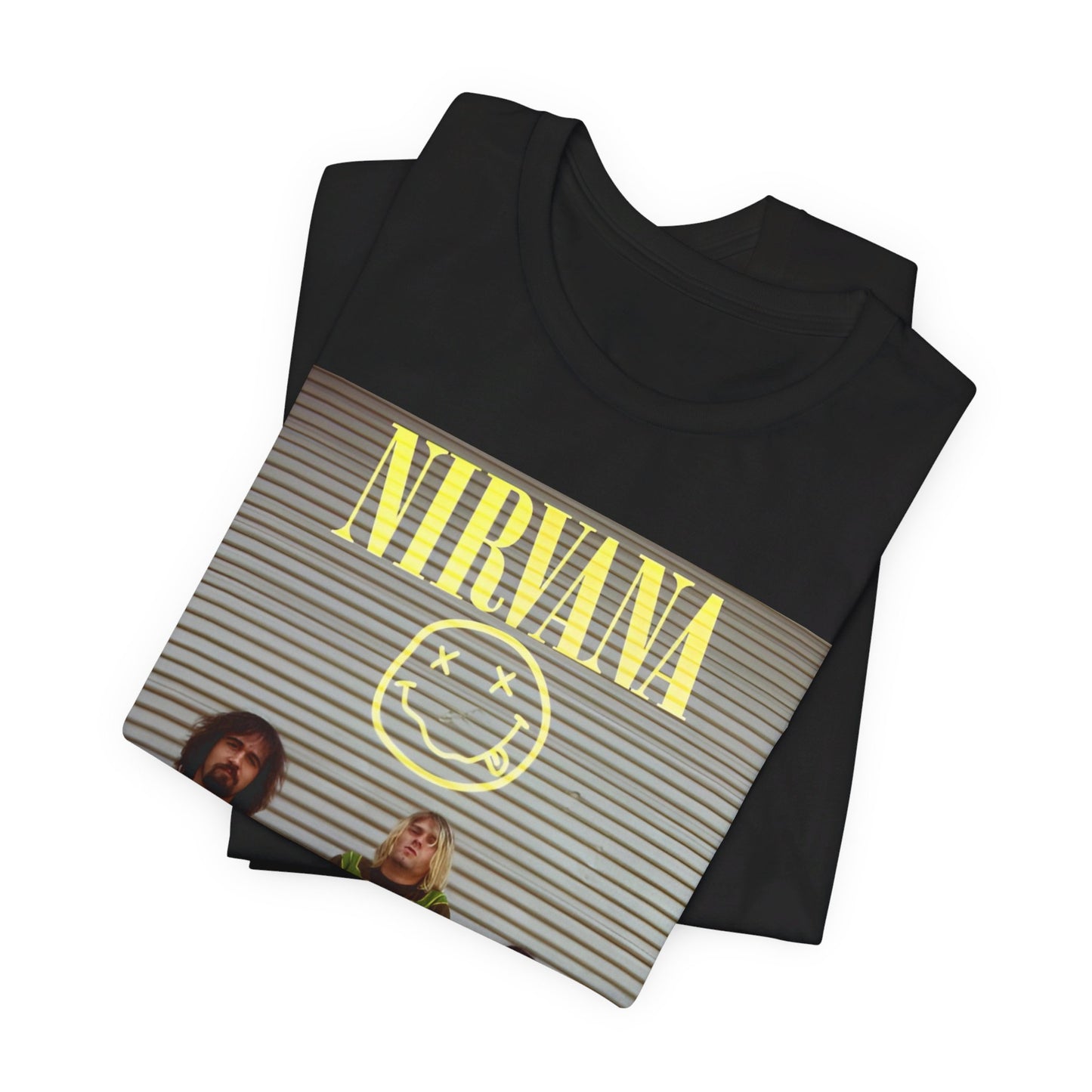 A black graphic t-shirt featuring an early days band photo of Nirvana.