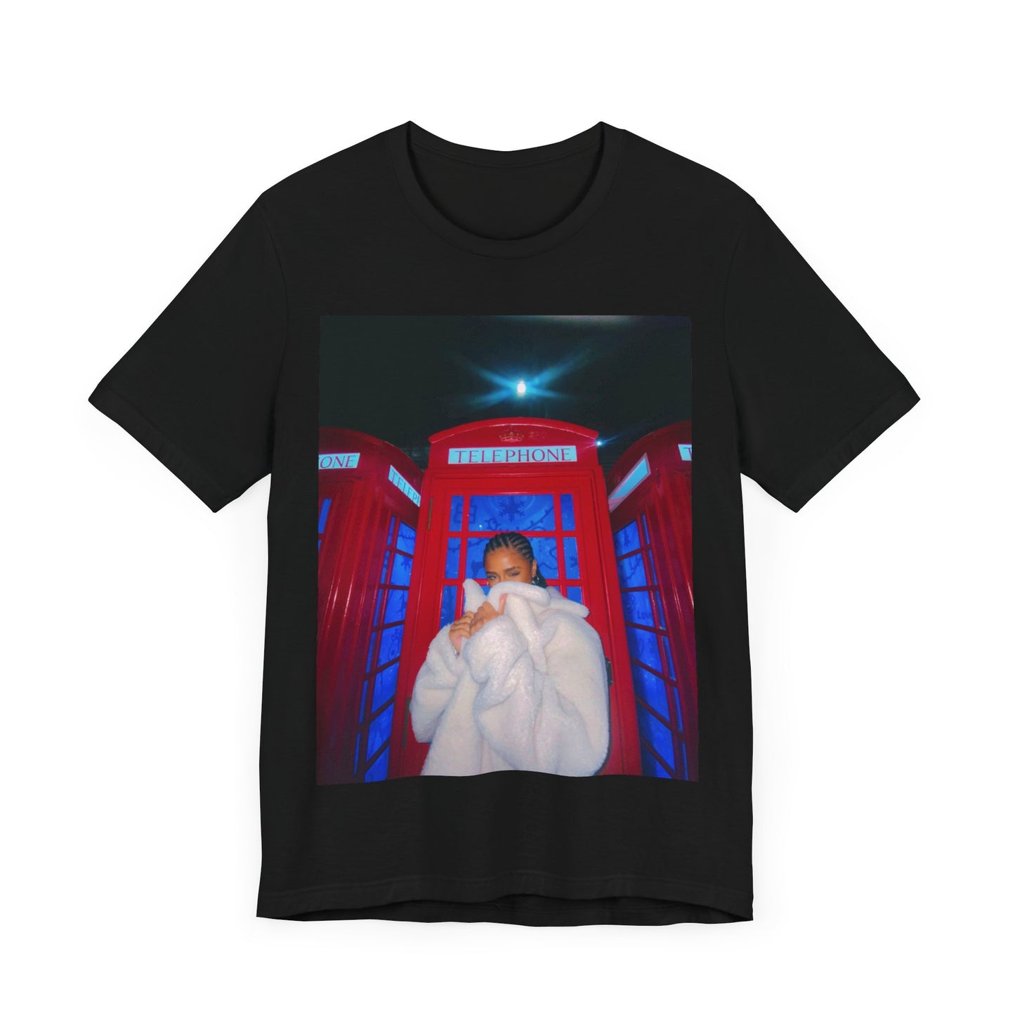 A black graphic t-shirt featuring a rhythmic dance pop graphic of Tyla.