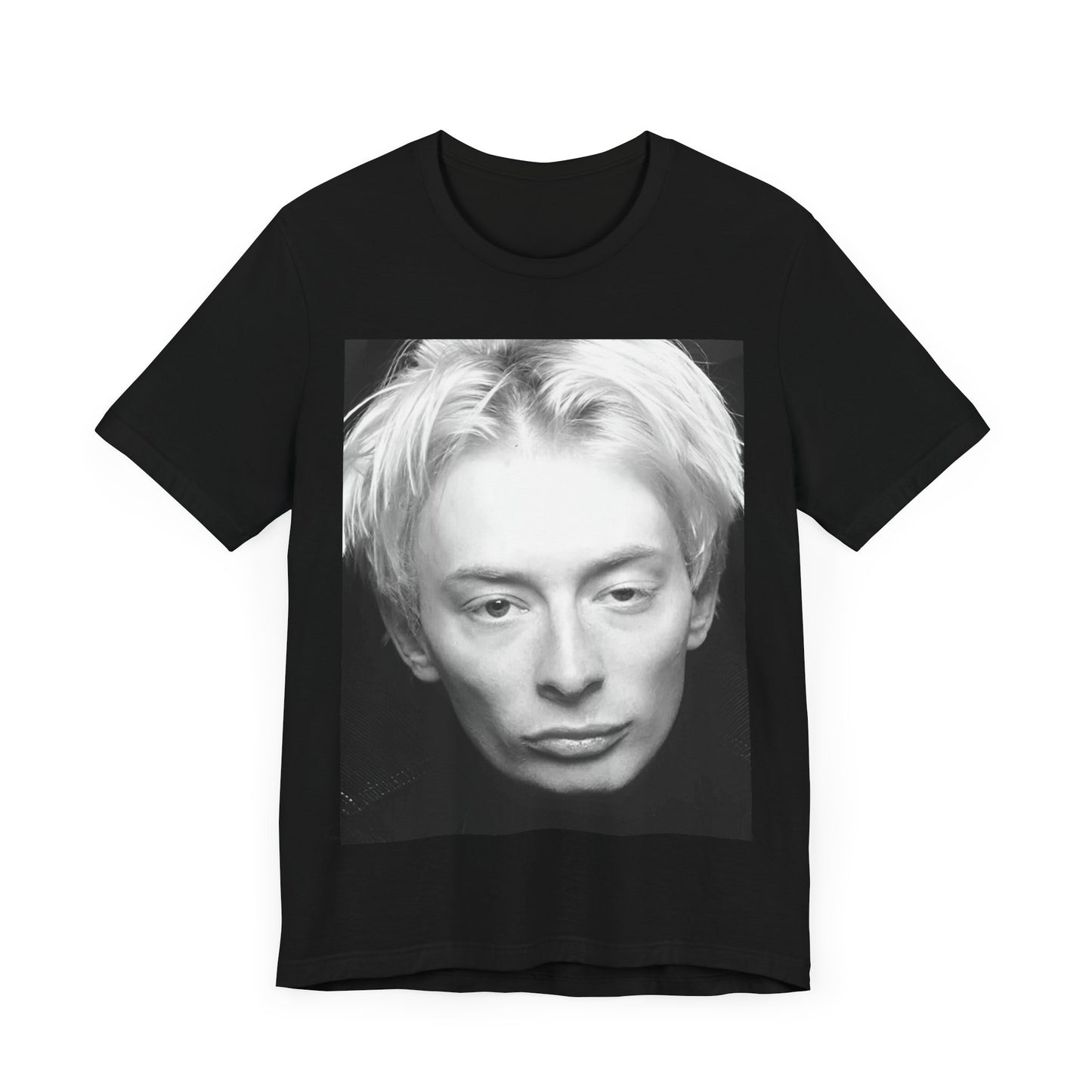 A black graphic t-shirt featuring a 90s black and white portrait photo of Thom Yorke from Radiohead.