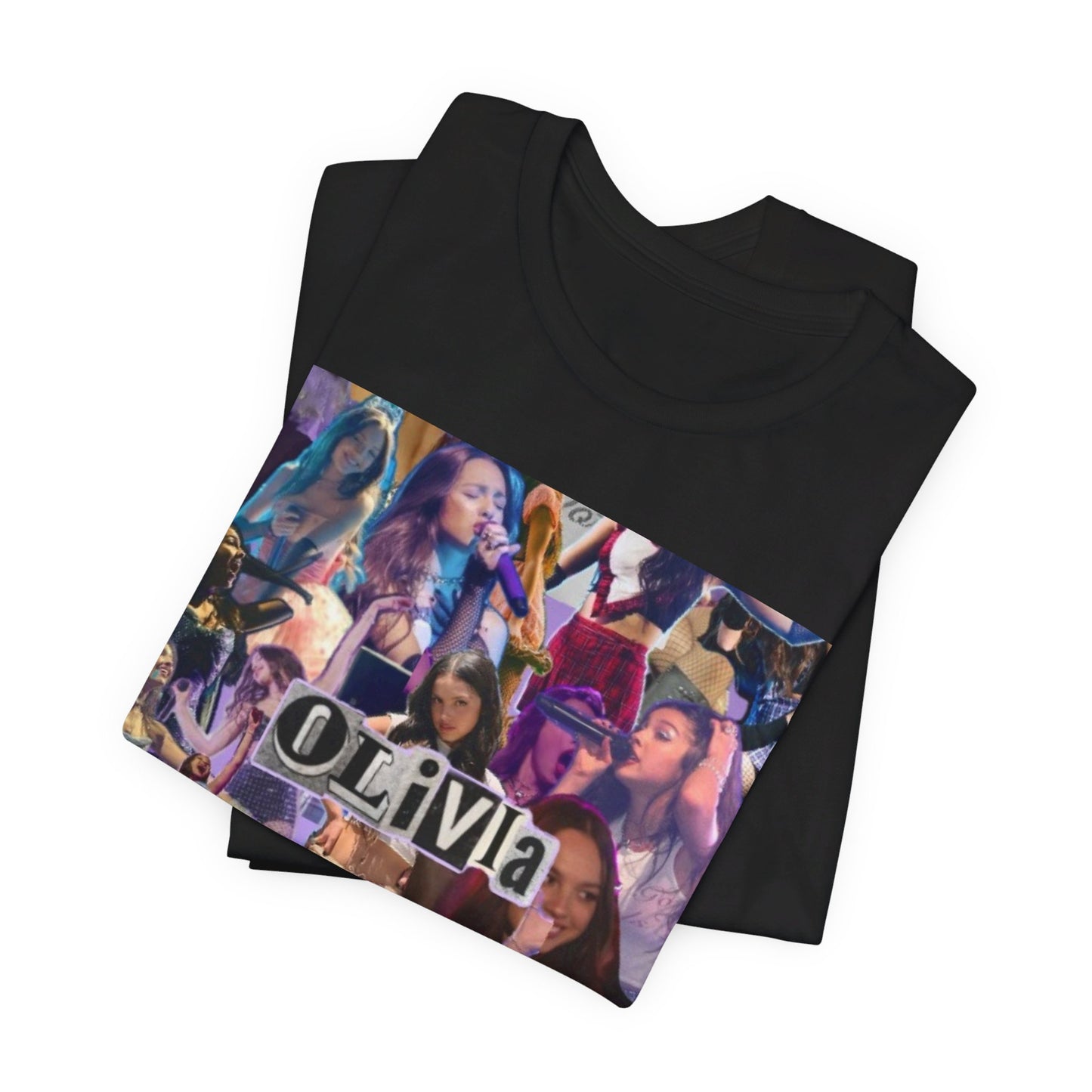 A black graphic t-shirt featuring a retro bootleg graphic of Olivia Rodrigo.