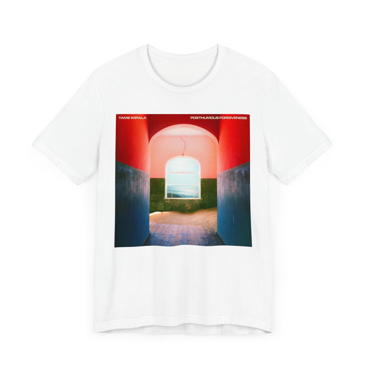 A black graphic t-shirt featuring a graphic related to Tame Impala's song 'Posthumous Forgiveness'.
