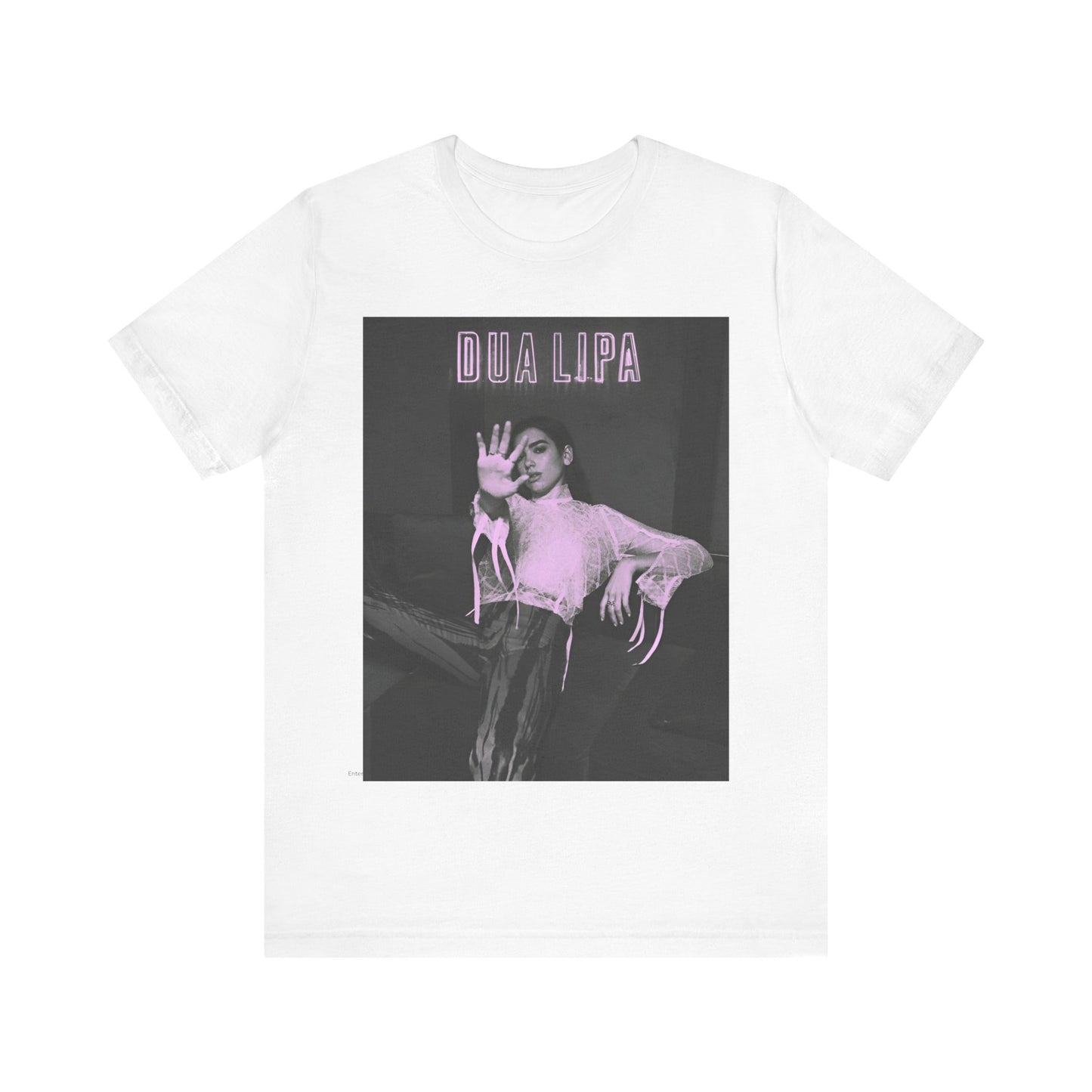 A black graphic t-shirt featuring a photo of Dua Lipa with a pink monochrome effect.