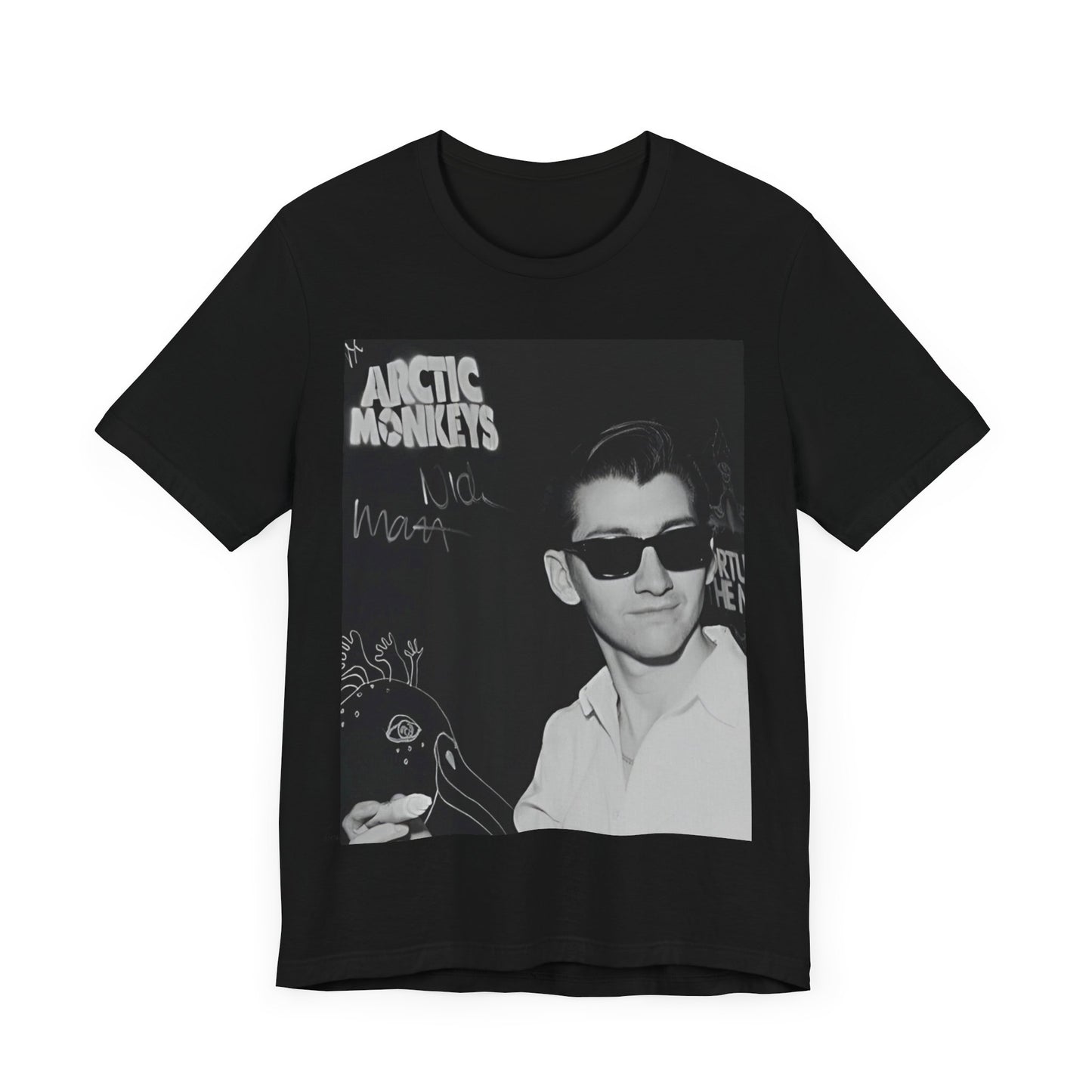A black graphic t-shirt featuring a black and white portrait photo of Alex Turner from Arctic Monkeys, showing his signature look.