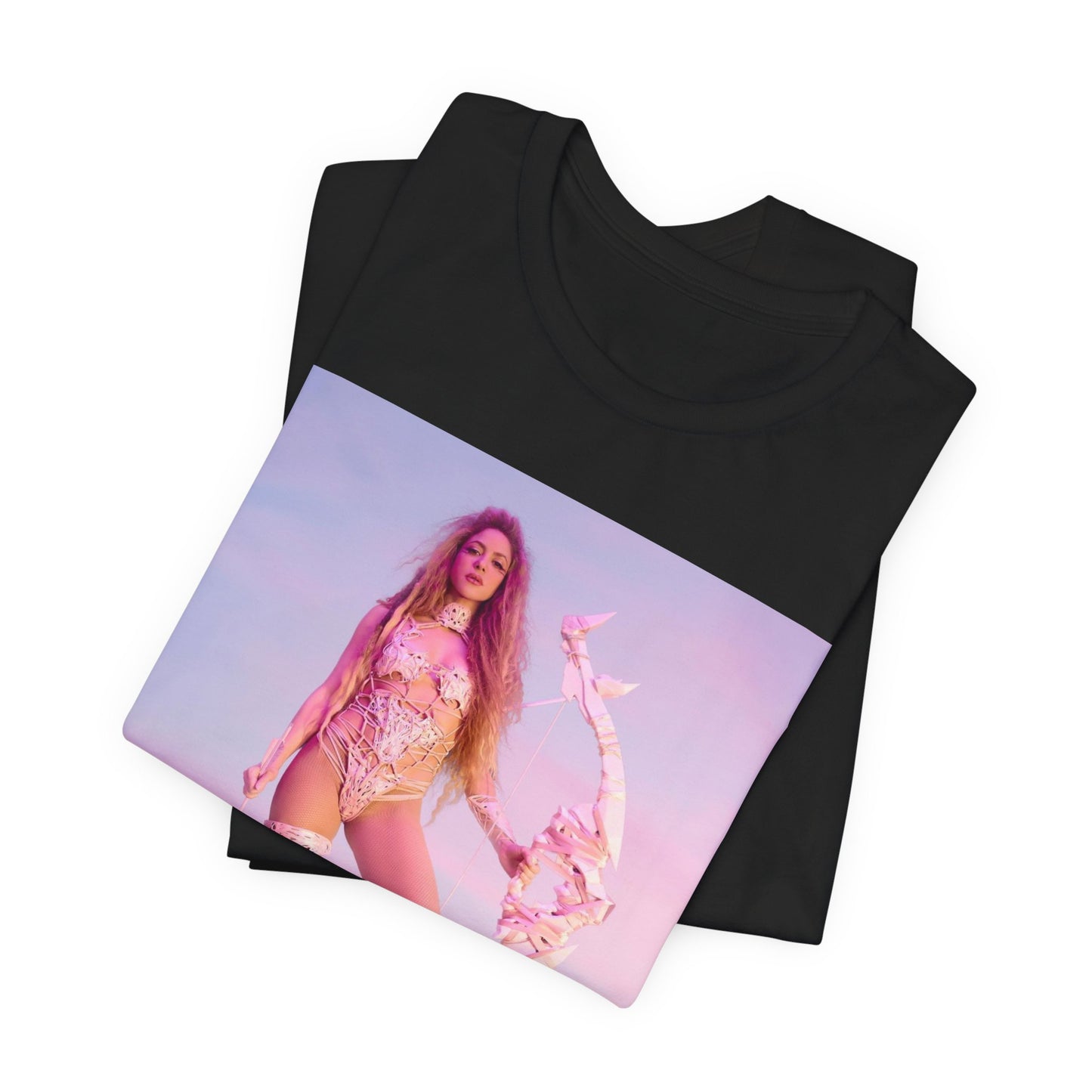 A black graphic t-shirt featuring a vintage ethereal warrior graphic of Shakira.