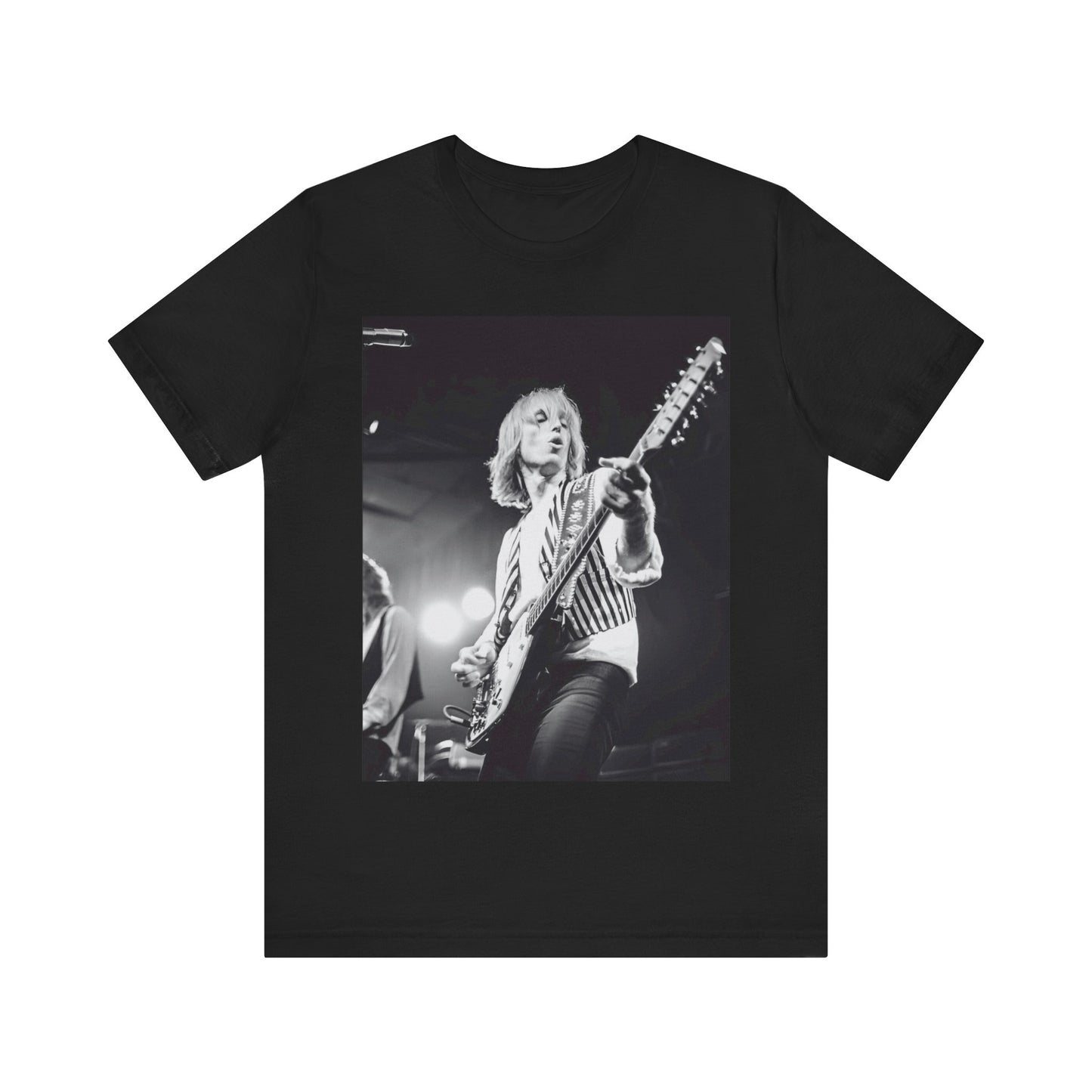 A black graphic t-shirt featuring a graphic of Tom Petty as a Rock & Roll Hall of Fame icon.
