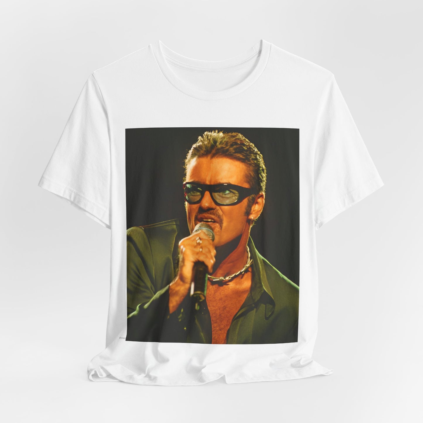 A black graphic t-shirt featuring a graphic related to George Michael's 'Freedom! '90' song.