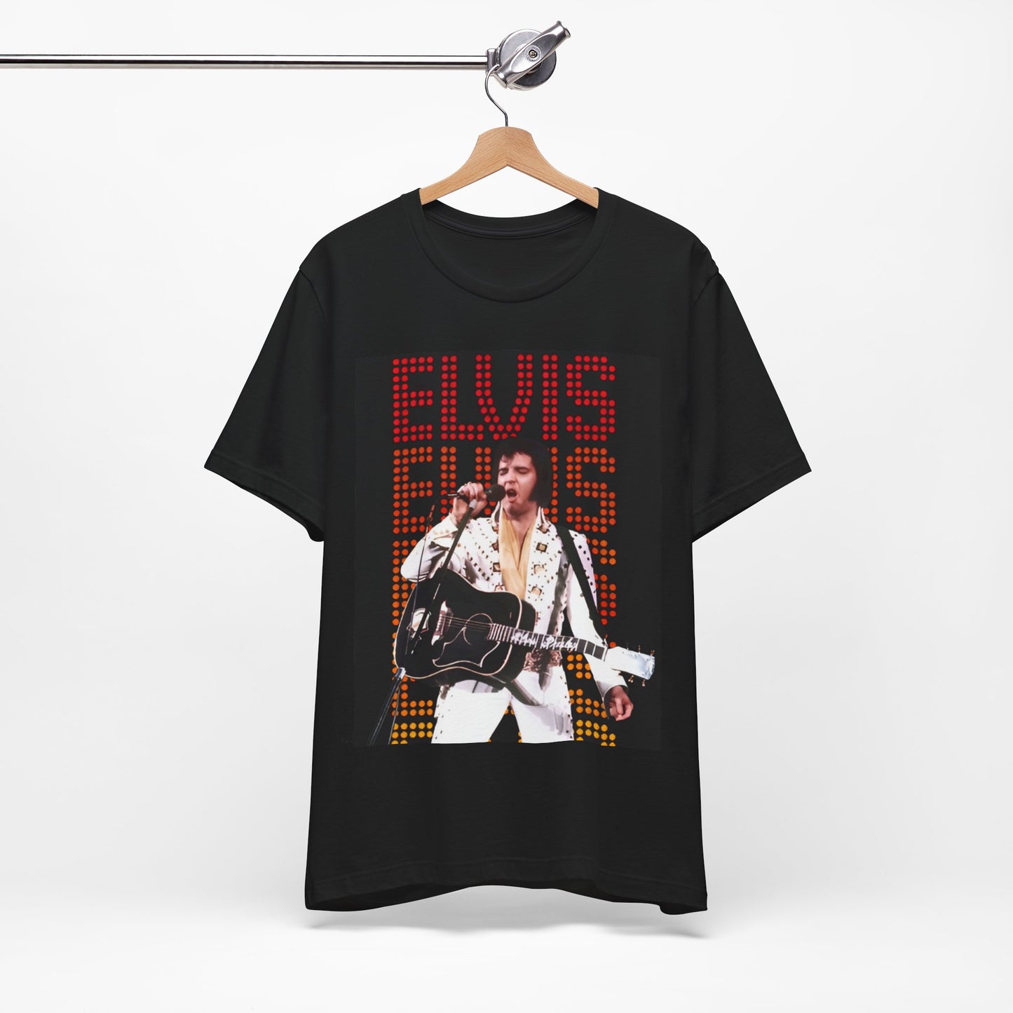 A black graphic t-shirt featuring a graphic related to Elvis Presley's '68 Comeback Special'.