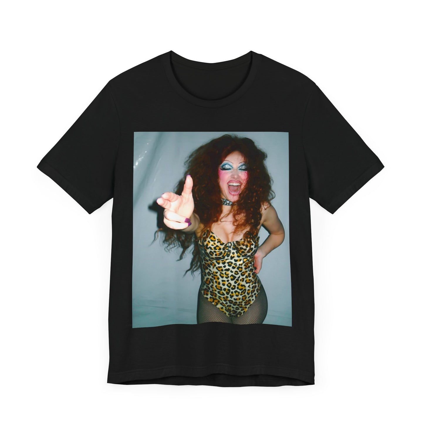 A black graphic t-shirt featuring a graphic of Chappell Roan as a modern queer pop icon.