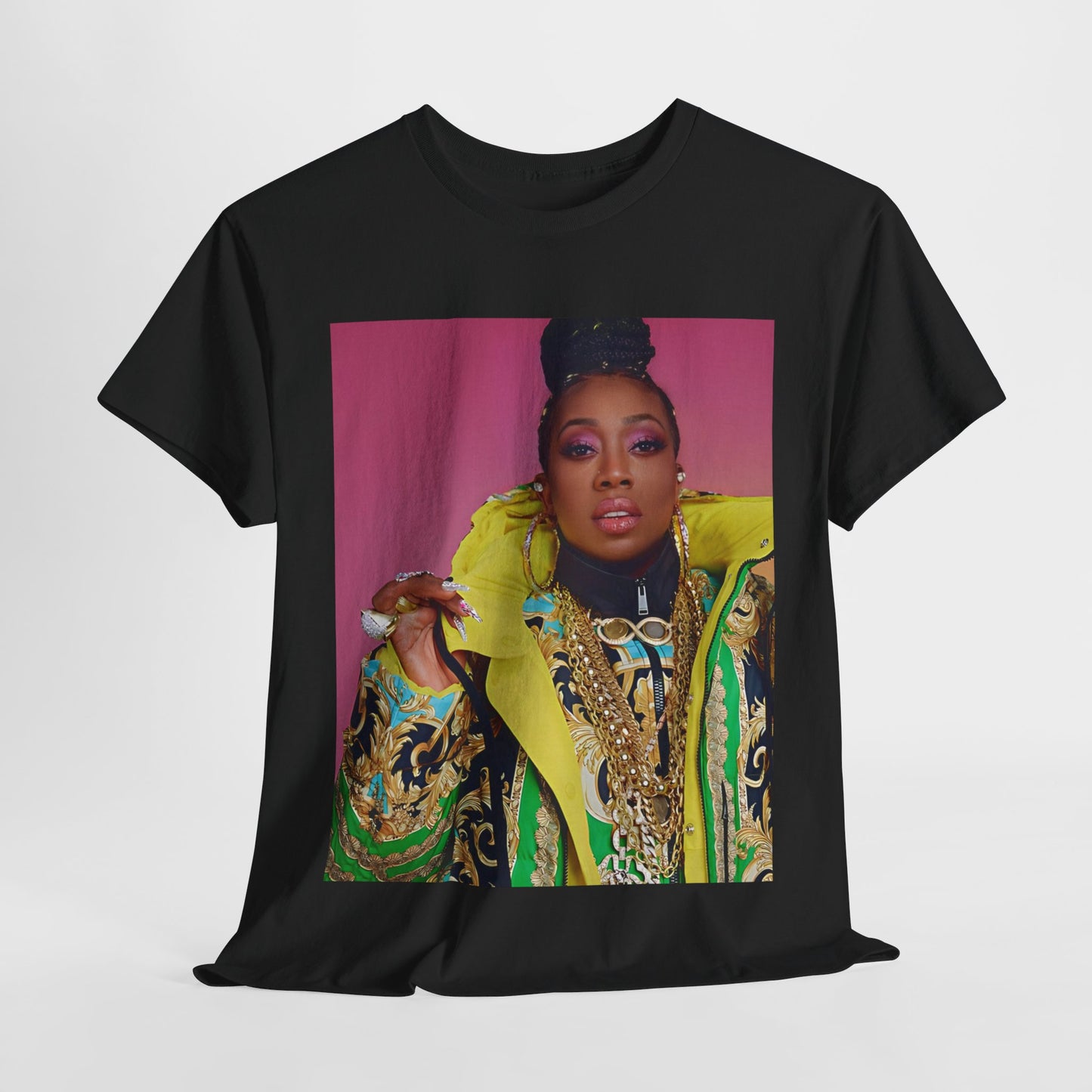 A black graphic t-shirt featuring a graphic of Missy Elliott as the rap queen of innovation.