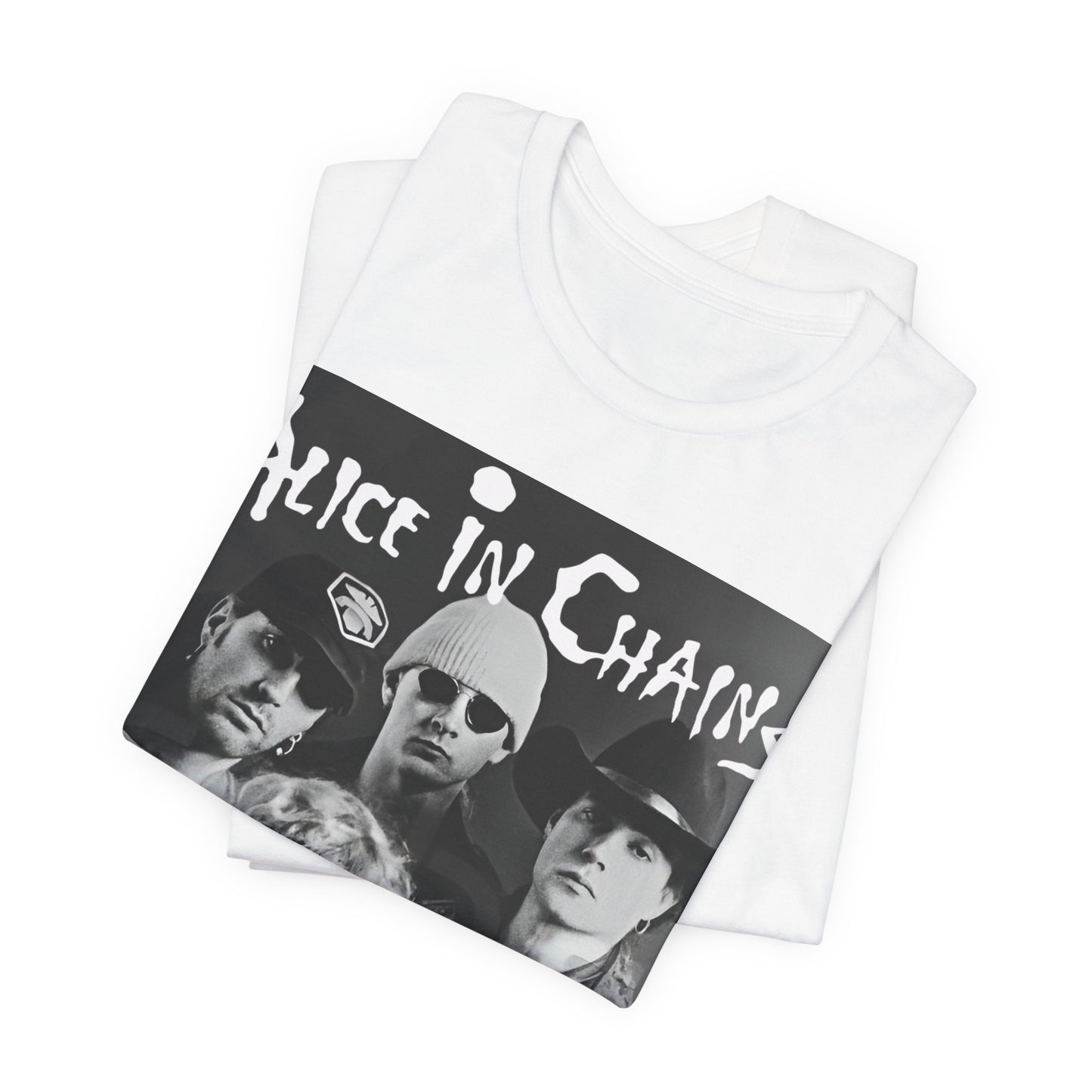 A black graphic t-shirt featuring a black and white photographic portrait of the band Alice In Chains, capturing their iconic grunge look.
