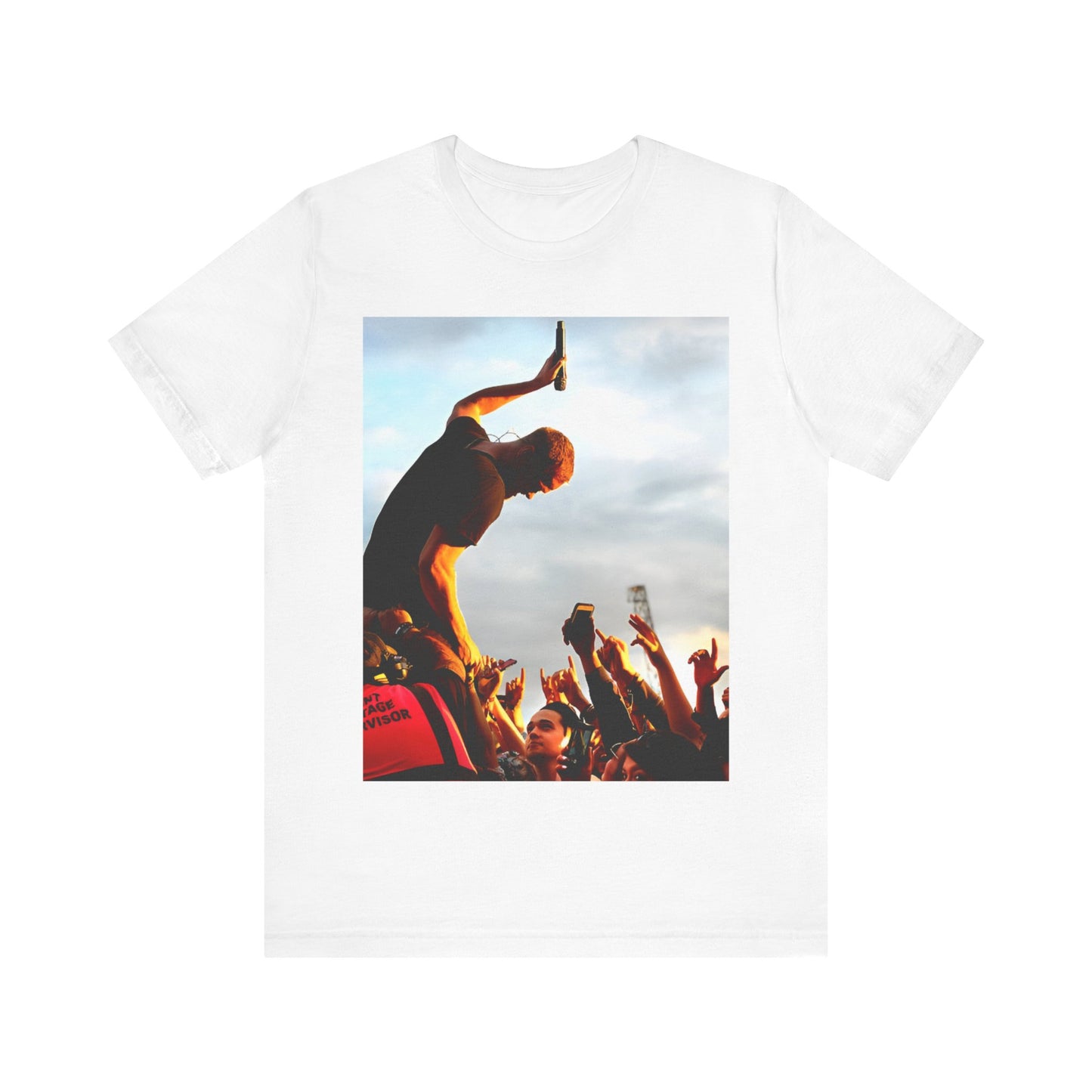 A black graphic t-shirt featuring a graphic of Dan Reynolds from Imagine Dragons performing live.