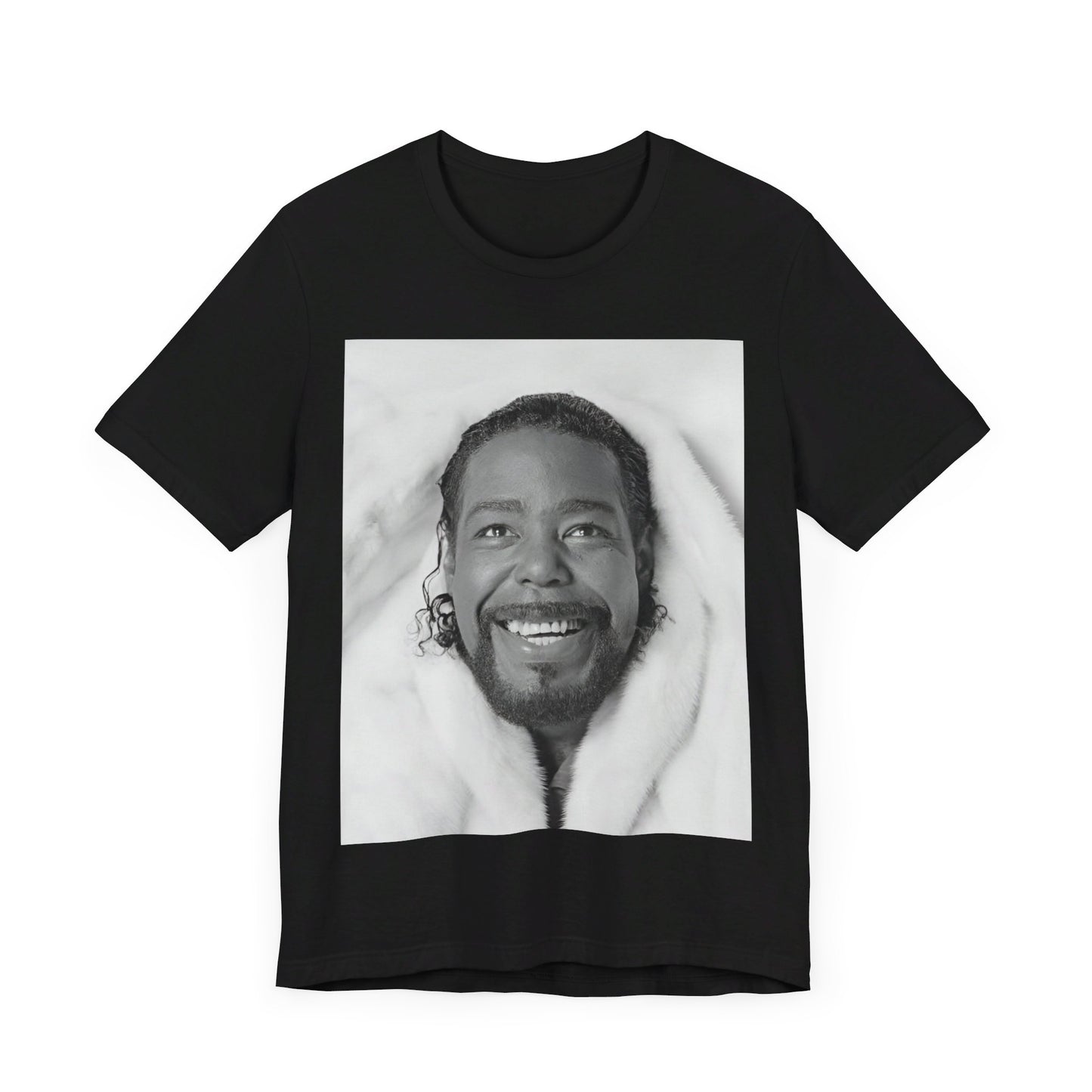 A black graphic t-shirt featuring a retro 70s-style graphic of Barry White as a soul icon.