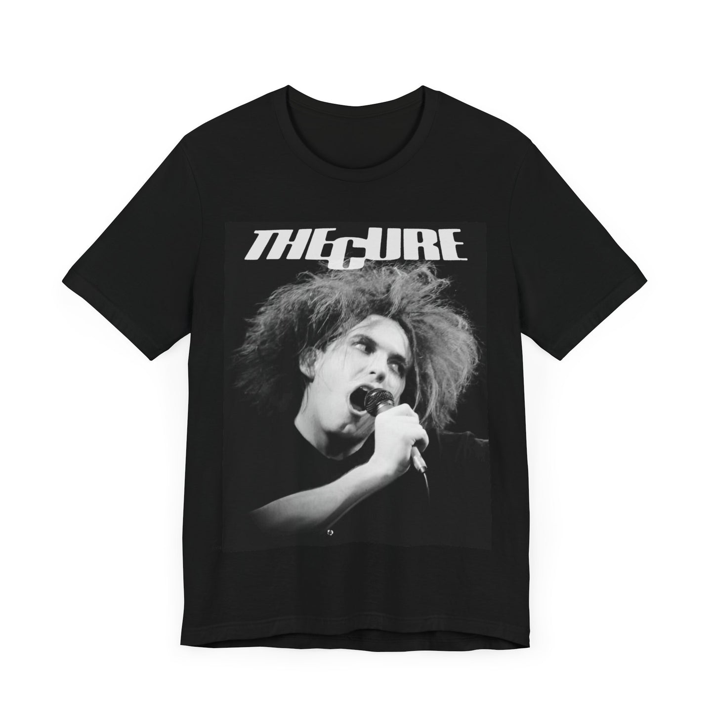 A black graphic t-shirt featuring a graphic of The Cure with a dark romanticism core aesthetic.