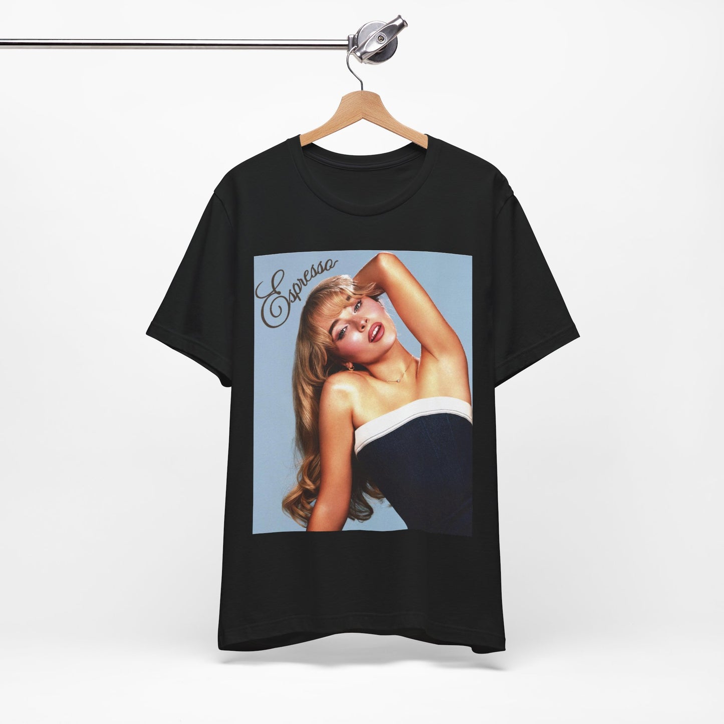 A black graphic t-shirt featuring a graphic related to Sabrina Carpenter's 'Espresso' song.