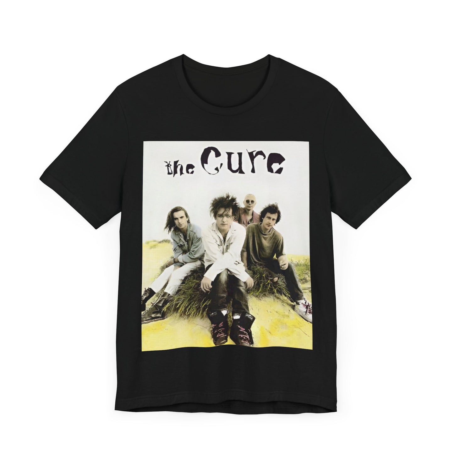 A black graphic t-shirt featuring a graphic of The Cure as post-punk pioneers.