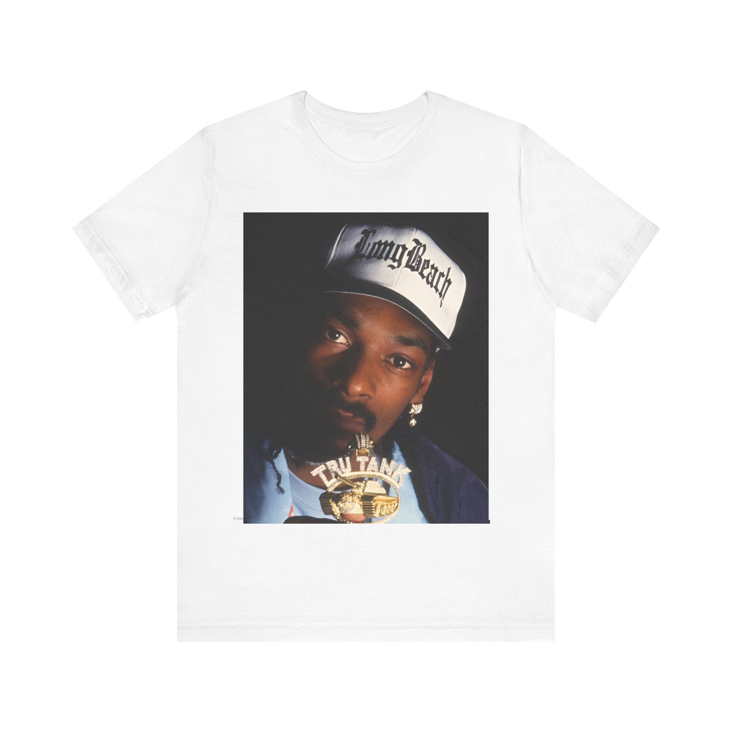 A black graphic t-shirt featuring a graphic of Snoop Dogg as a powerhouse OG rapper.
