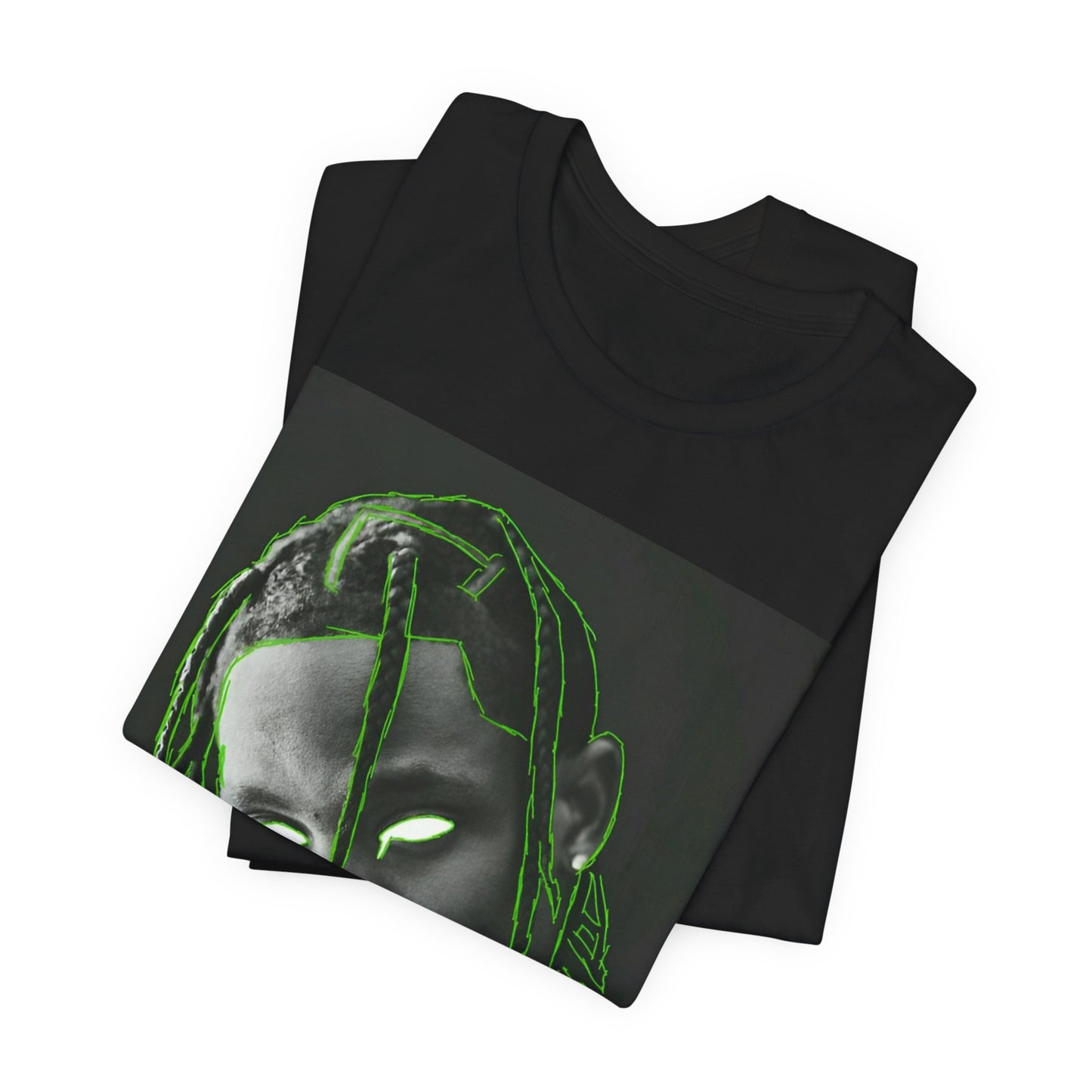 A black graphic t-shirt featuring a retro graphic related to Travis Scott's 'Sicko Mode' song or era.