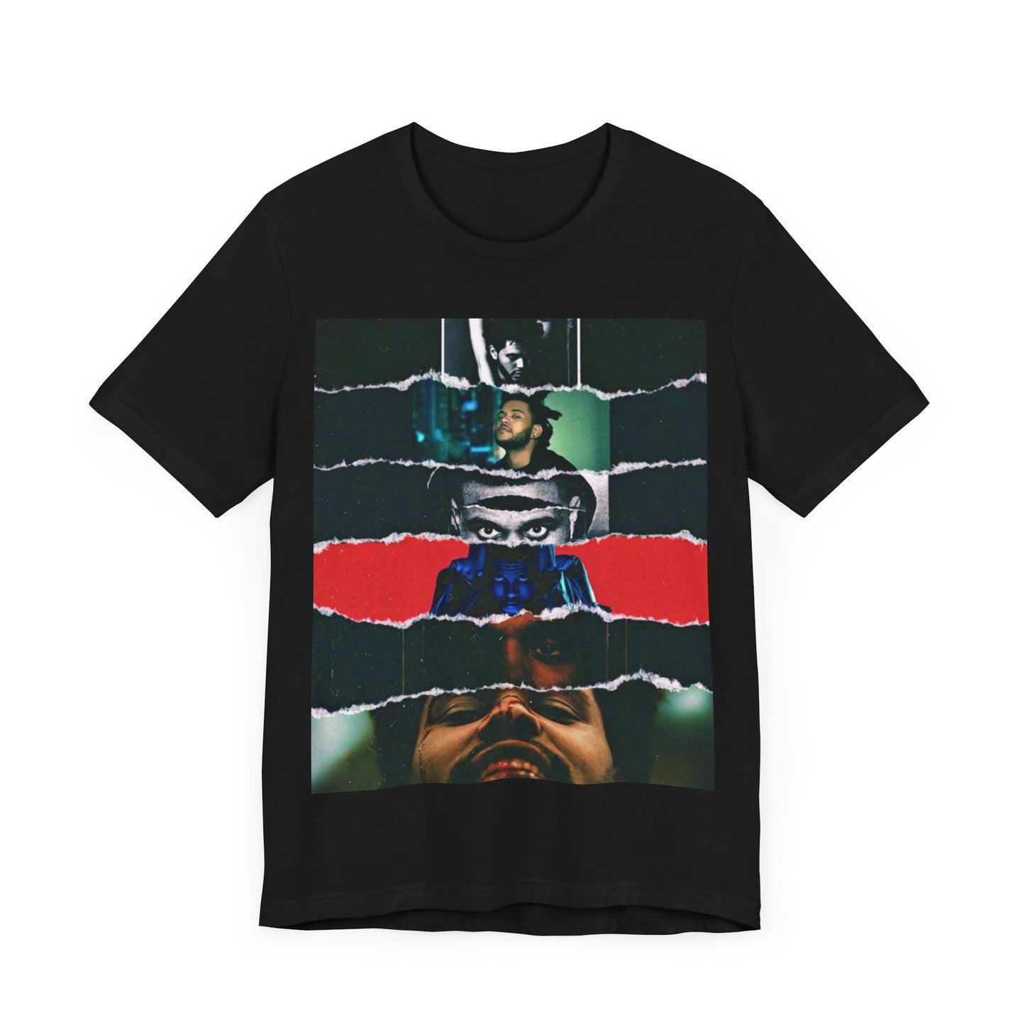 A black graphic t-shirt featuring a graphic representing different aesthetic eras of The Weeknd.