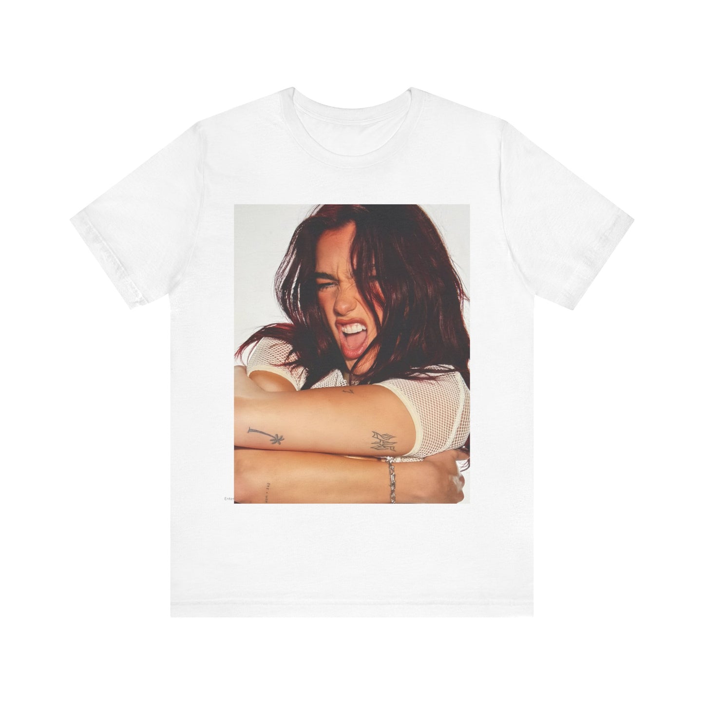 A black graphic t-shirt featuring a bold disco pop graphic of Dua Lipa as a superstar.