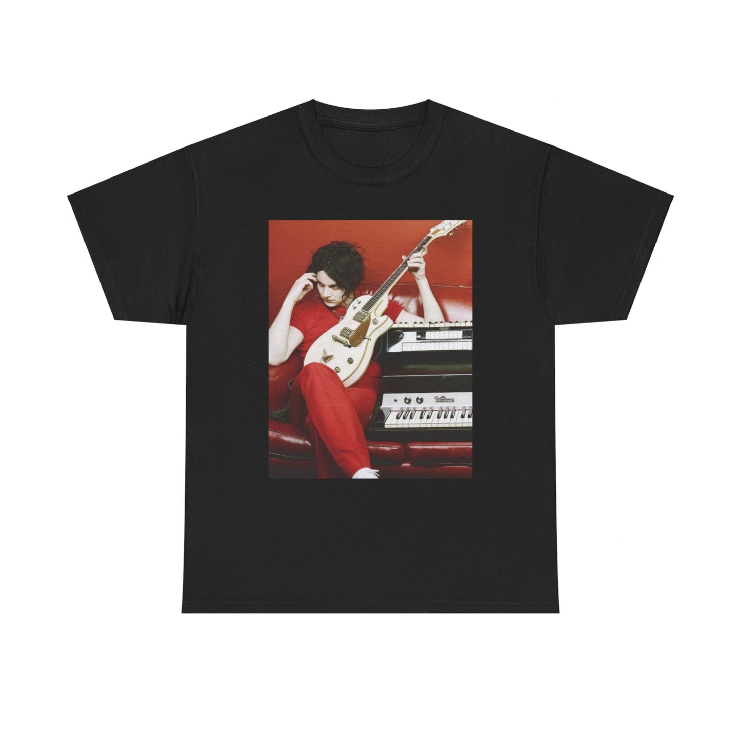 A black graphic t-shirt featuring a retro graphic of The White Stripes with a garage rock aesthetic.